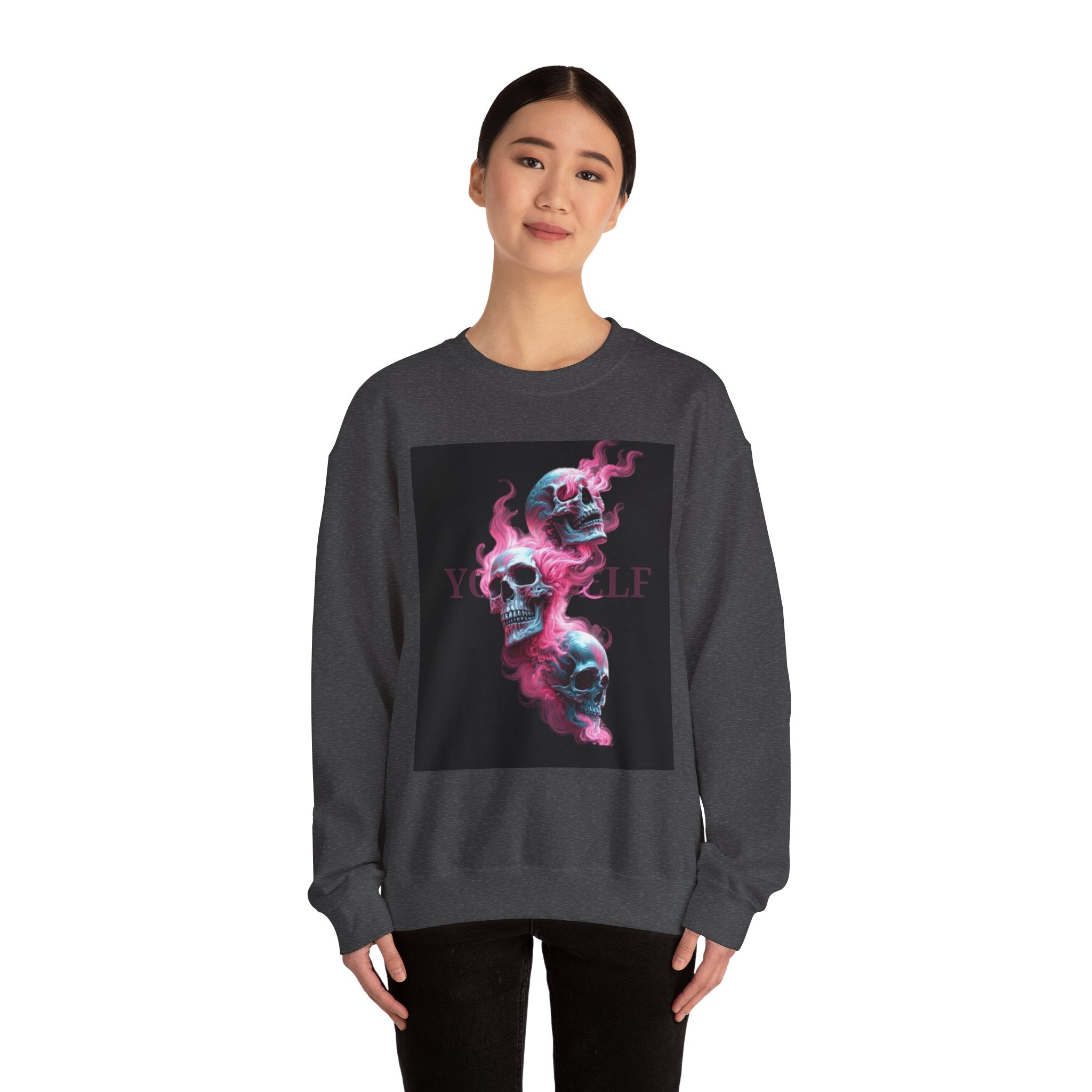Skull Smoke Crewneck Sweatshirt — Neon Pink & Blue Gothic Graphic