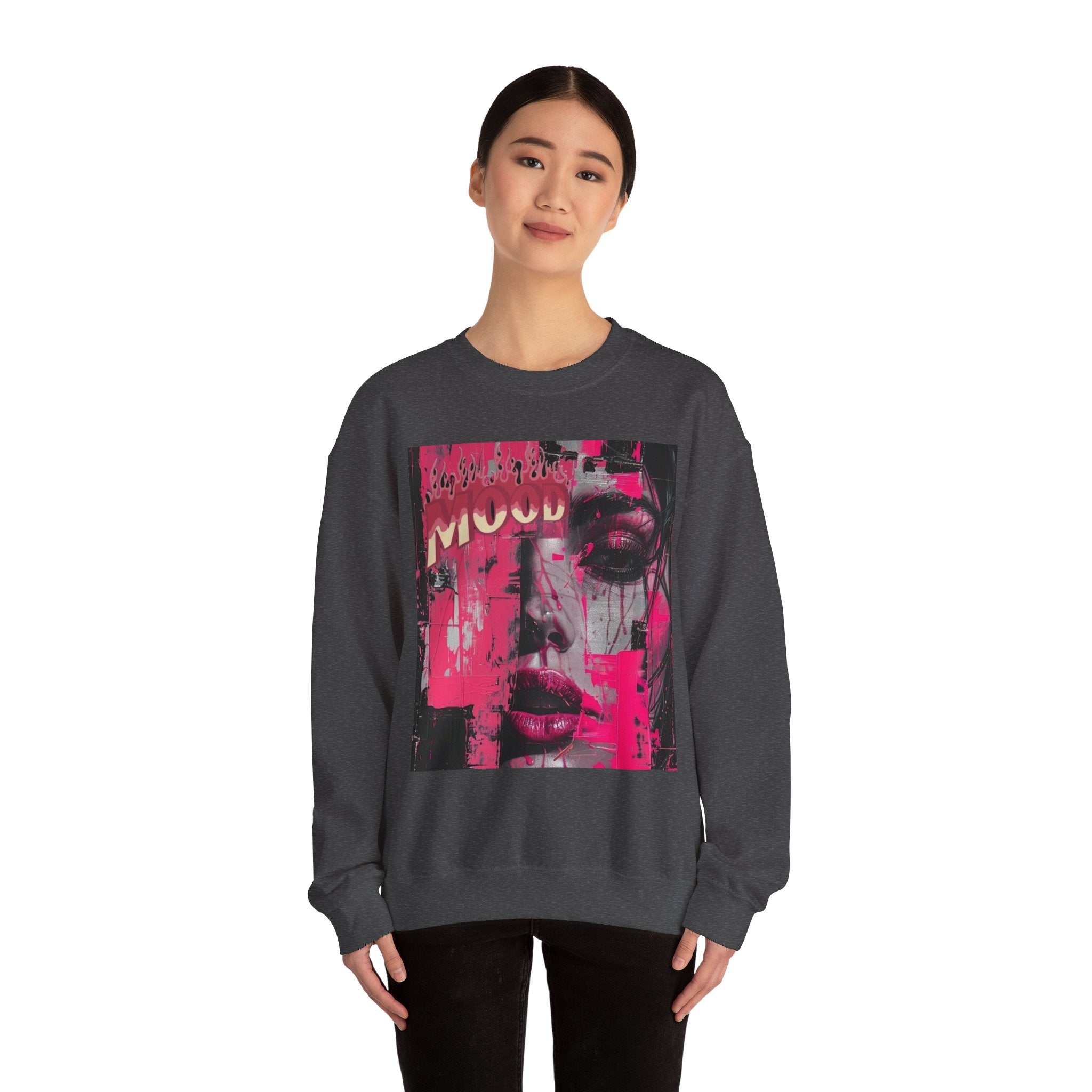 Graphic Crewneck Sweatshirt — Pink Glitch Portrait “MOOD”