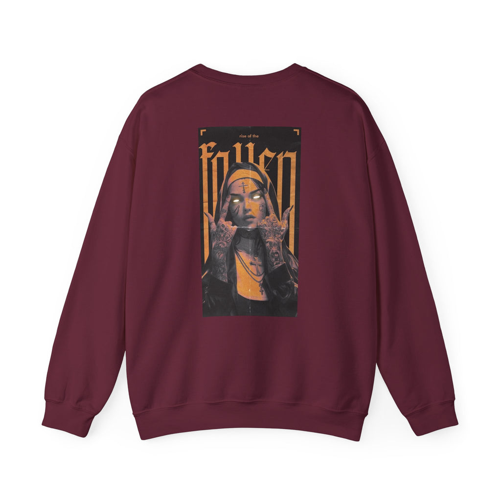 Fallen Gothic Crewneck Sweatshirt — Dark Tattooed Nun Graphic