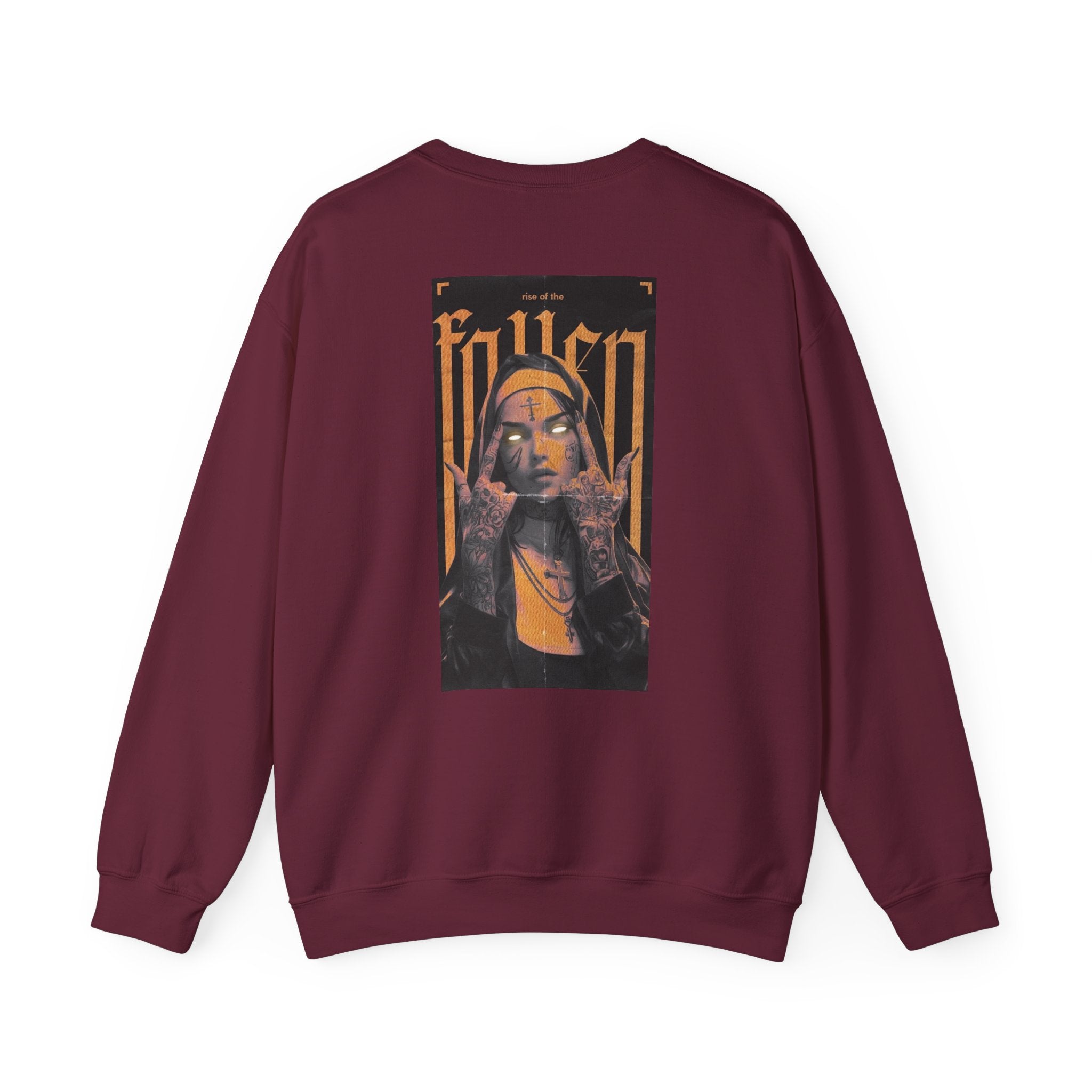 Fallen Gothic Crewneck Sweatshirt — Dark Tattooed Nun Graphic