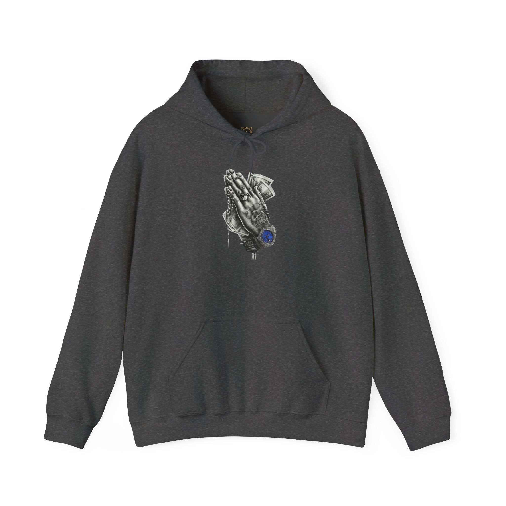 Hoodie — Praying Hands Graphic Hoodie with Blue Rose Accent