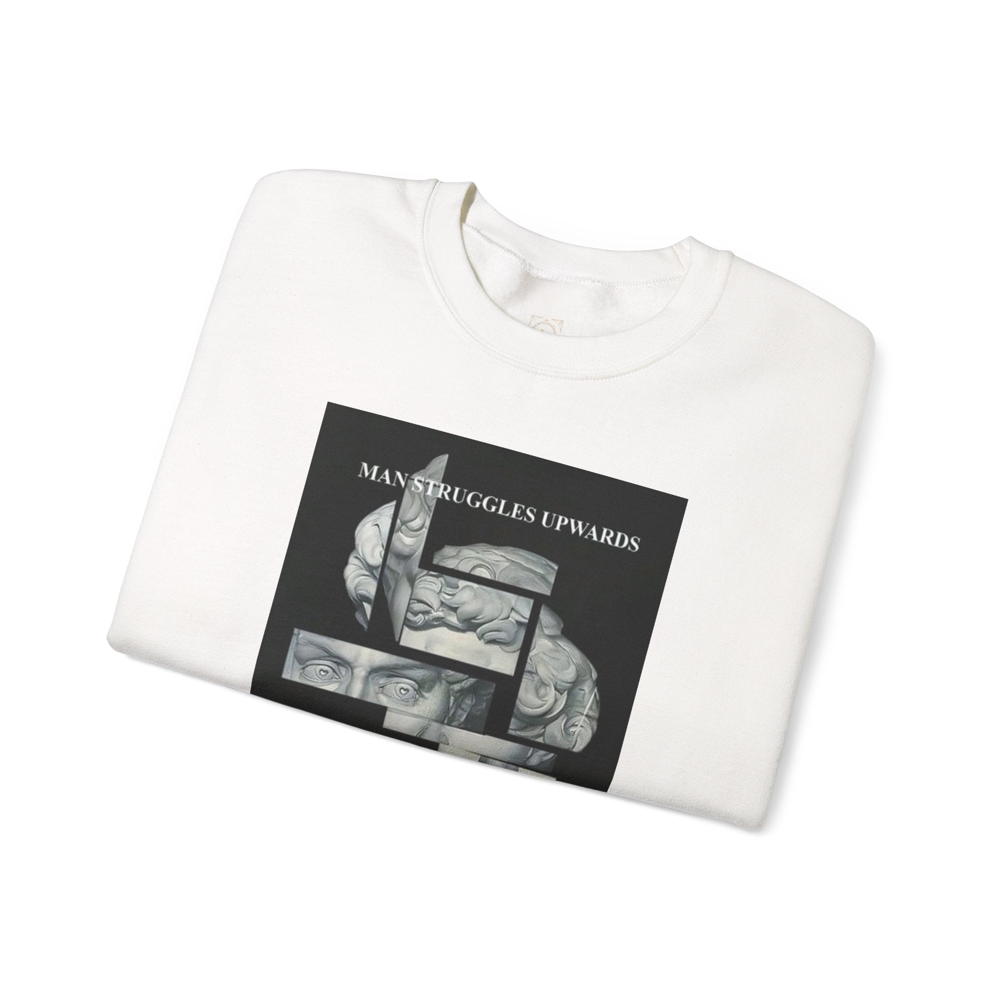 Dream Fragment Crewneck Sweatshirt — 'Man Struggles Upwards' Statue Collage