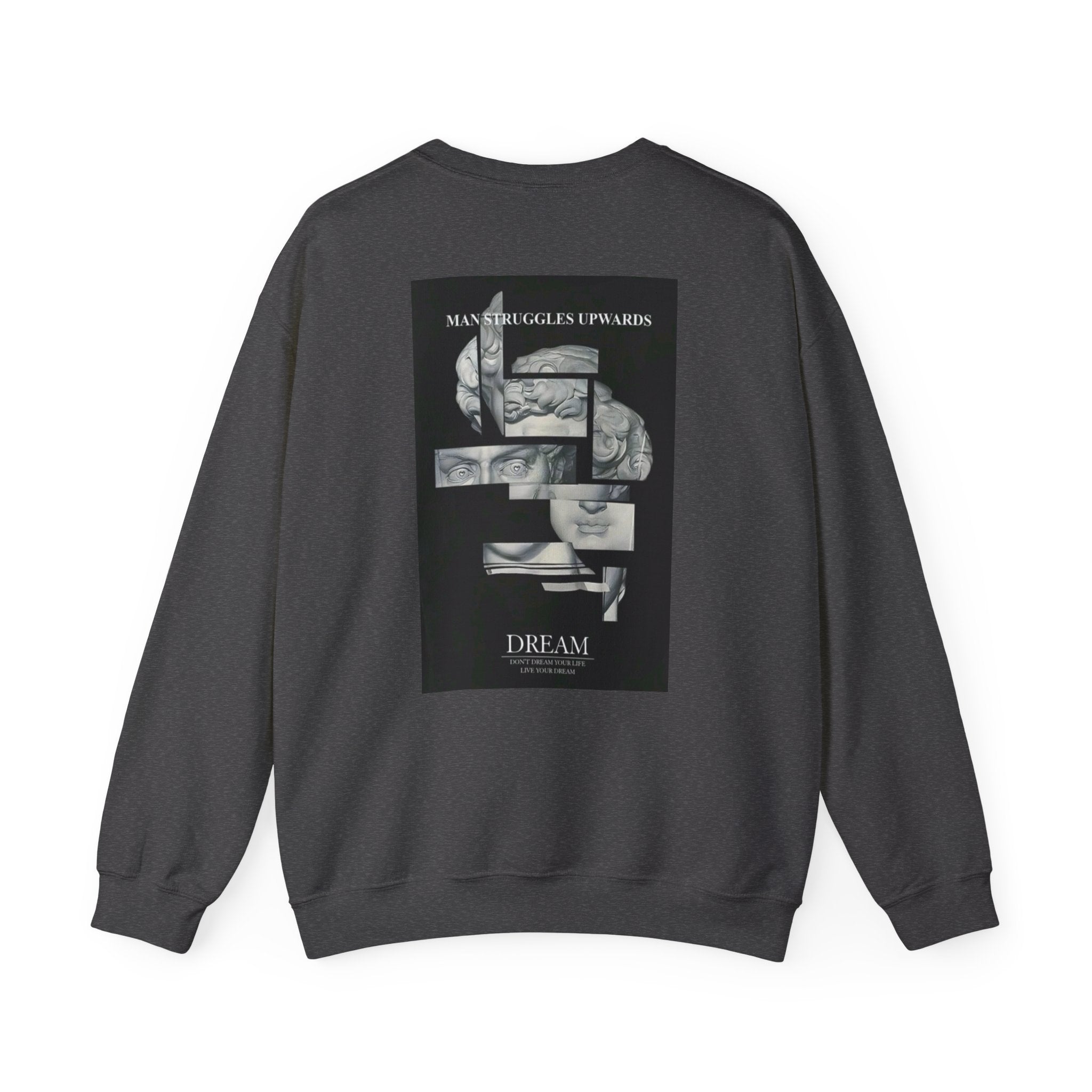 Dream Fragment Crewneck Sweatshirt — 'Man Struggles Upwards' Statue Collage