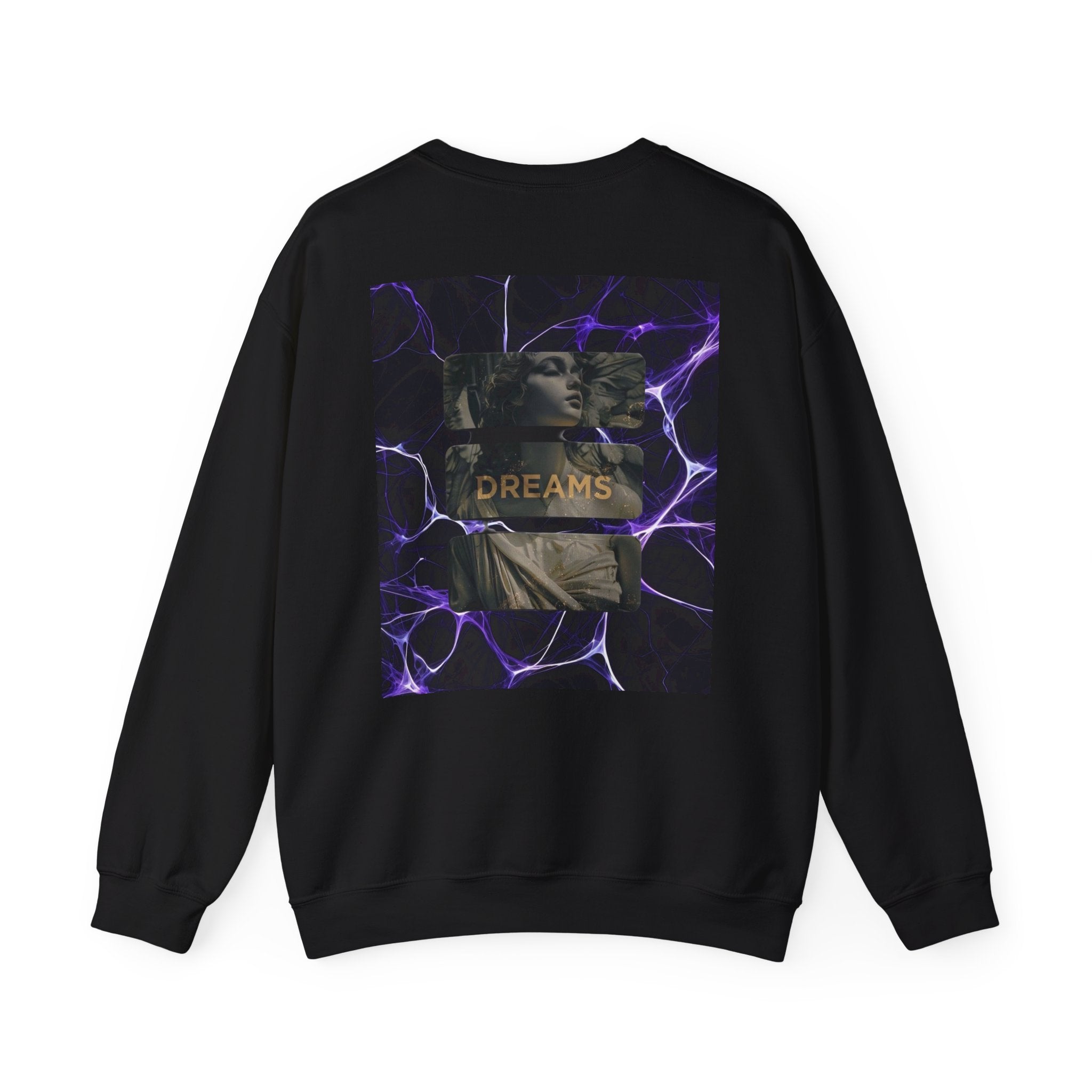 Dreams Statue Crewneck Sweatshirt — Retro Statue Graphic with Purple Lightning
