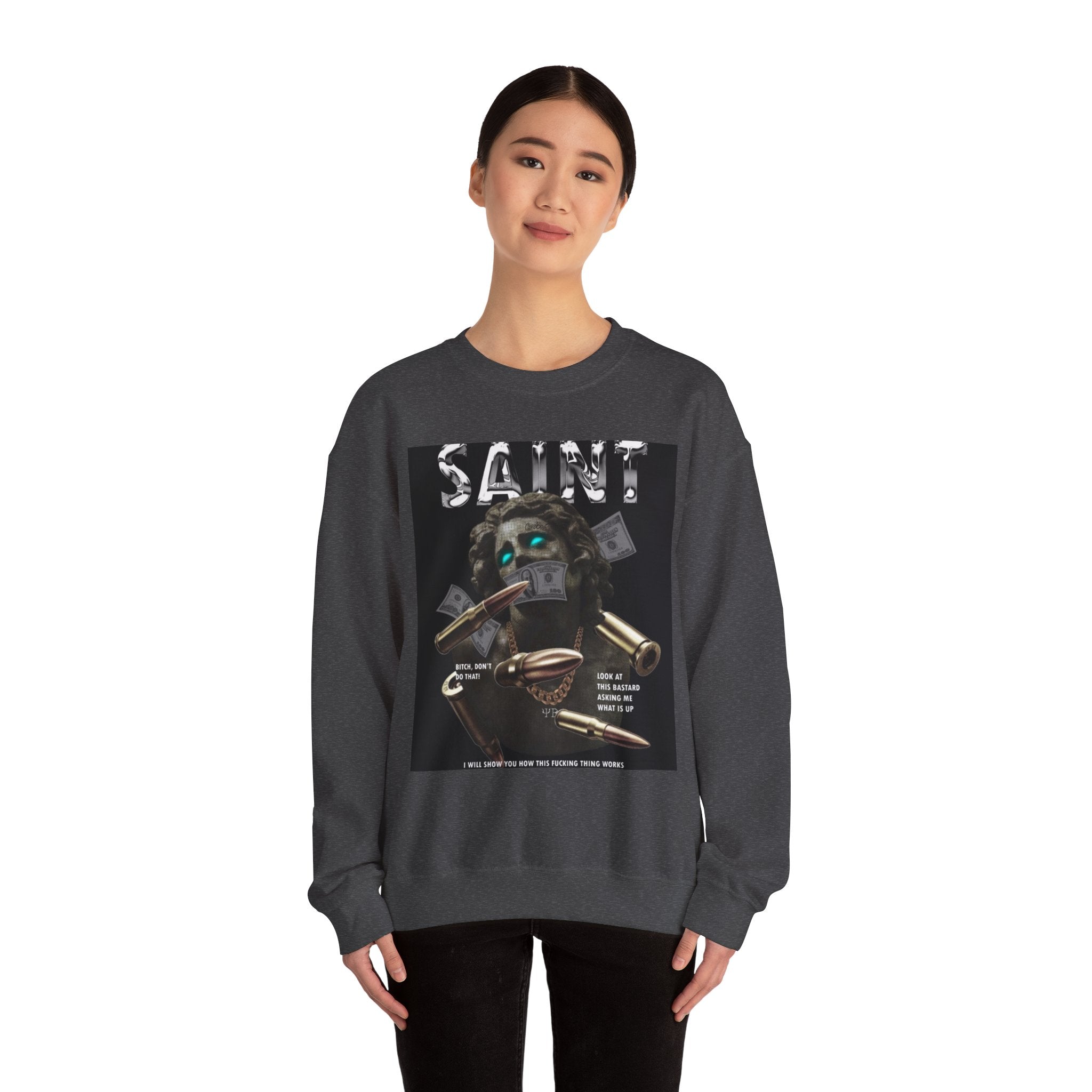 Saint Graphic Crewneck Sweatshirt — Dark Art Money Montage