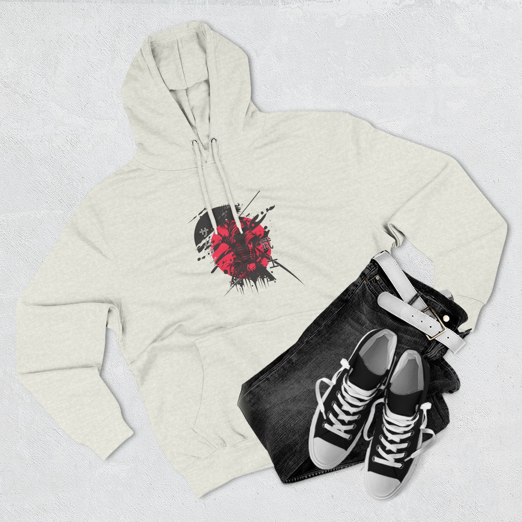 Grunge Rising Hoodie — Red Sun Graphic Fleece Hoodie