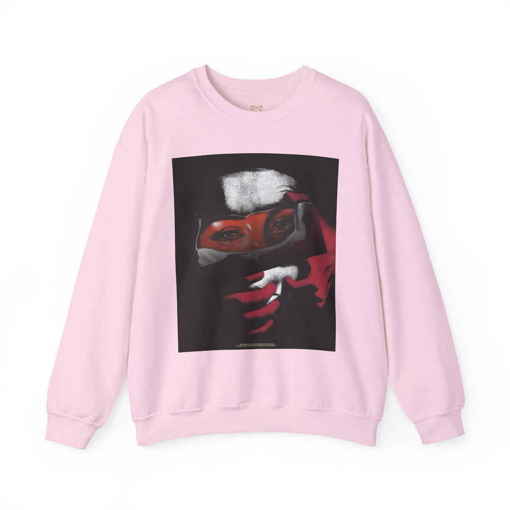 Masked Red Eyes Crewneck Sweatshirt — Graphic Streetwear with 'Legaciess' Back Logo
