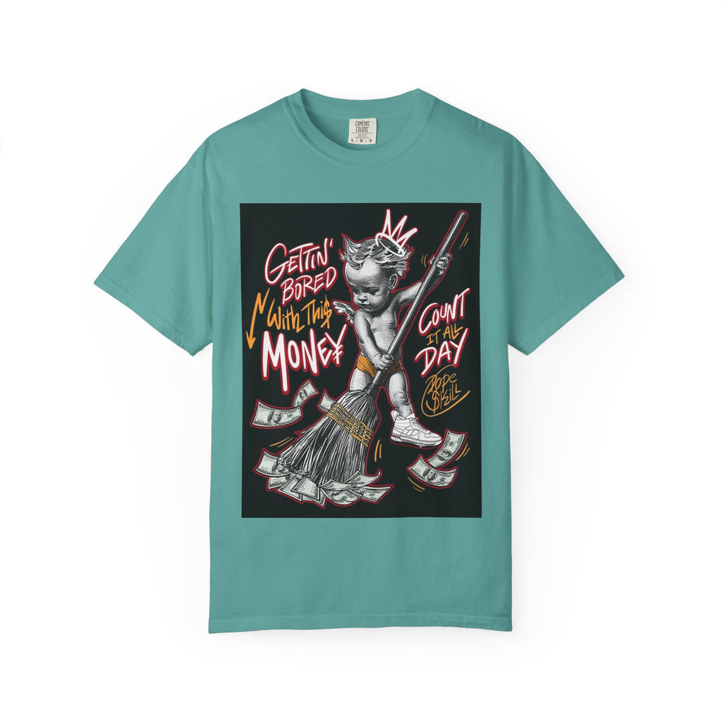Cat Broomstick Money Tee — "Gettin' Bored With This Money" Graphic T-Shirt