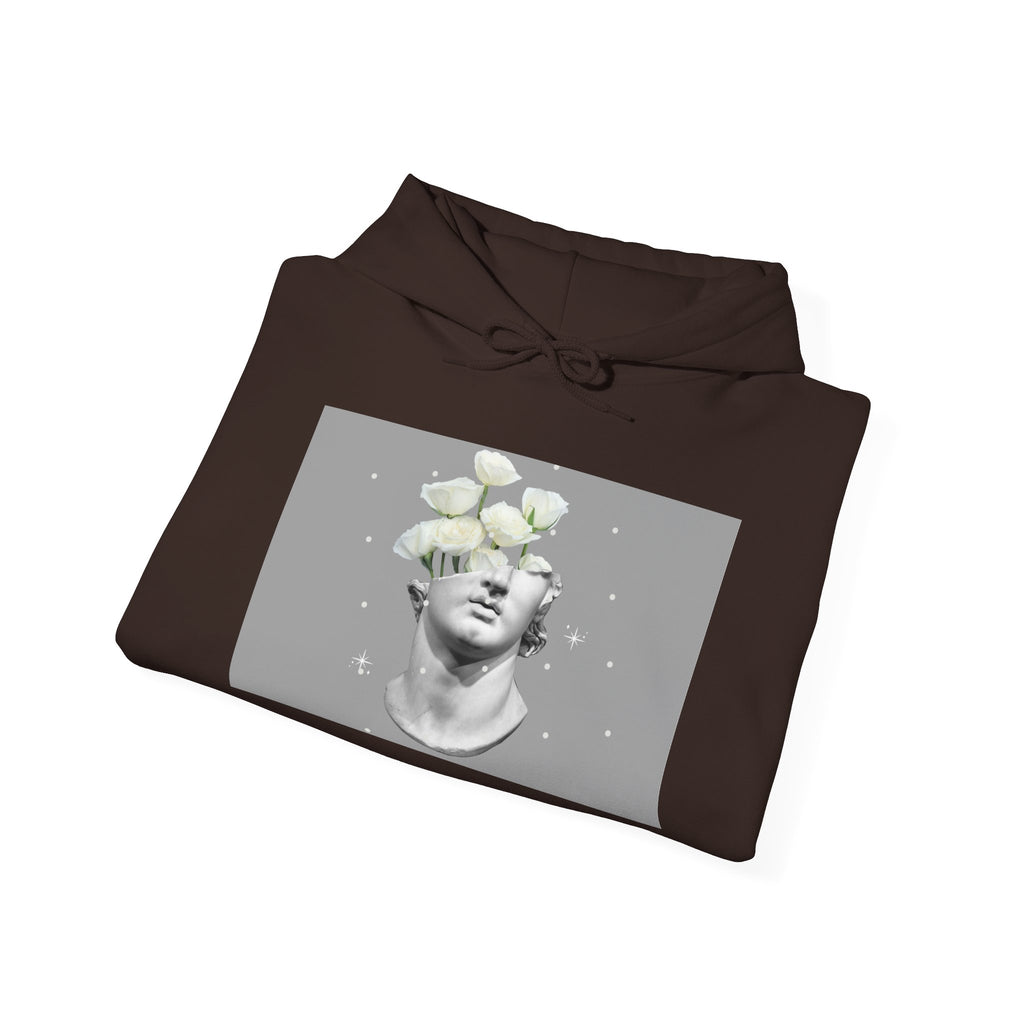 Statue Bloom Hoodie — Classical Bust with White Flowers Graphic Hoodie