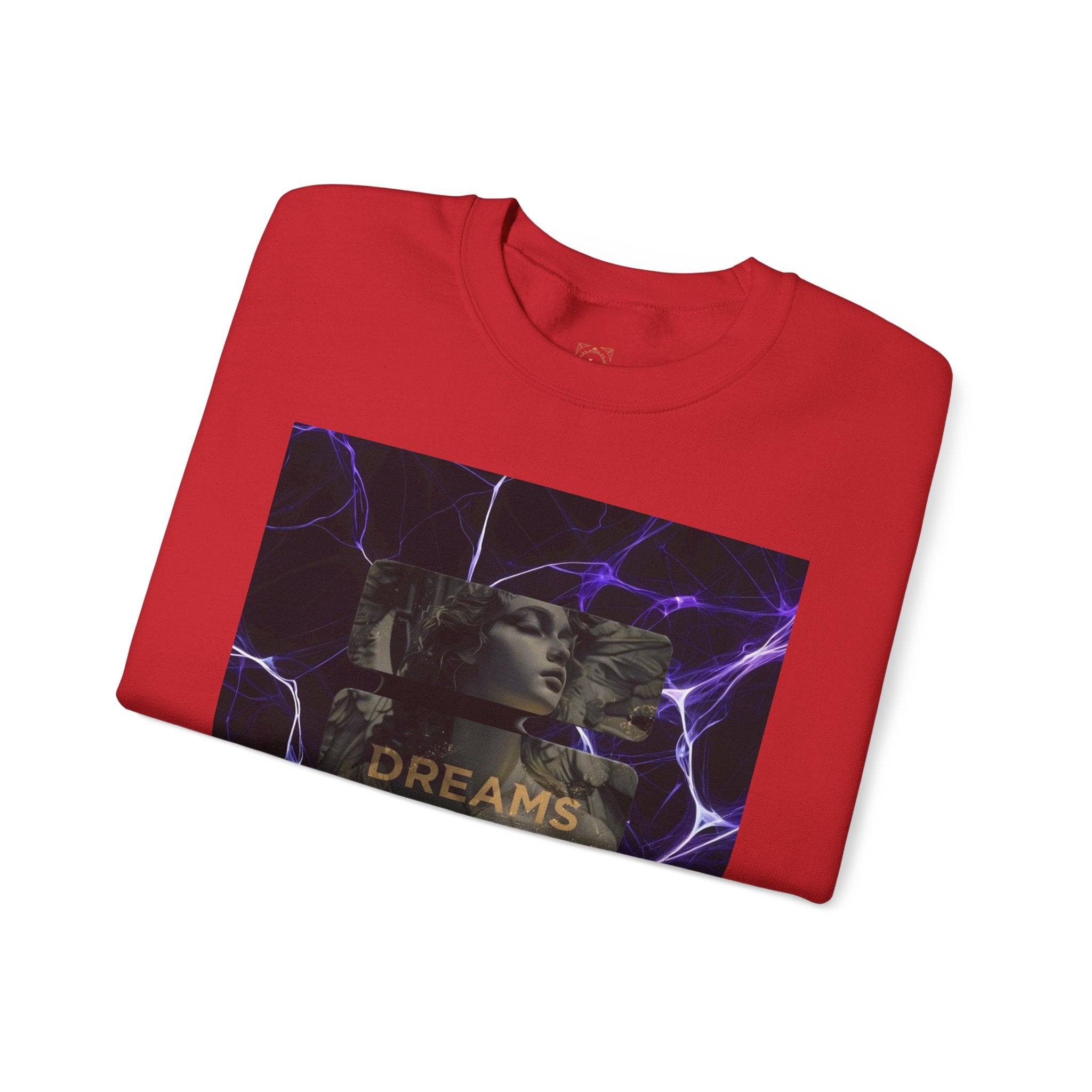 Dreams Statue Crewneck Sweatshirt — Retro Statue Graphic with Purple Lightning