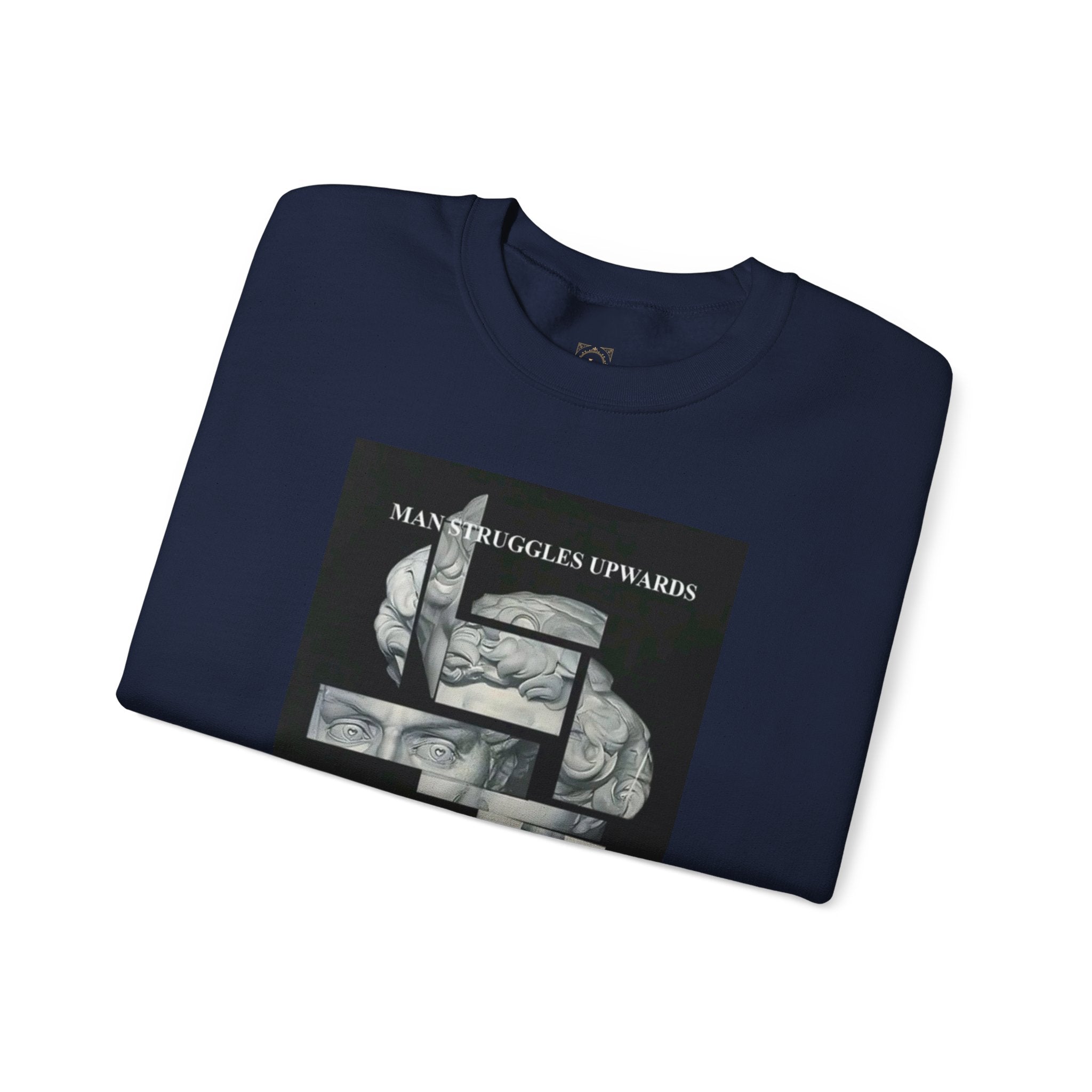 Dream Fragment Crewneck Sweatshirt — 'Man Struggles Upwards' Statue Collage