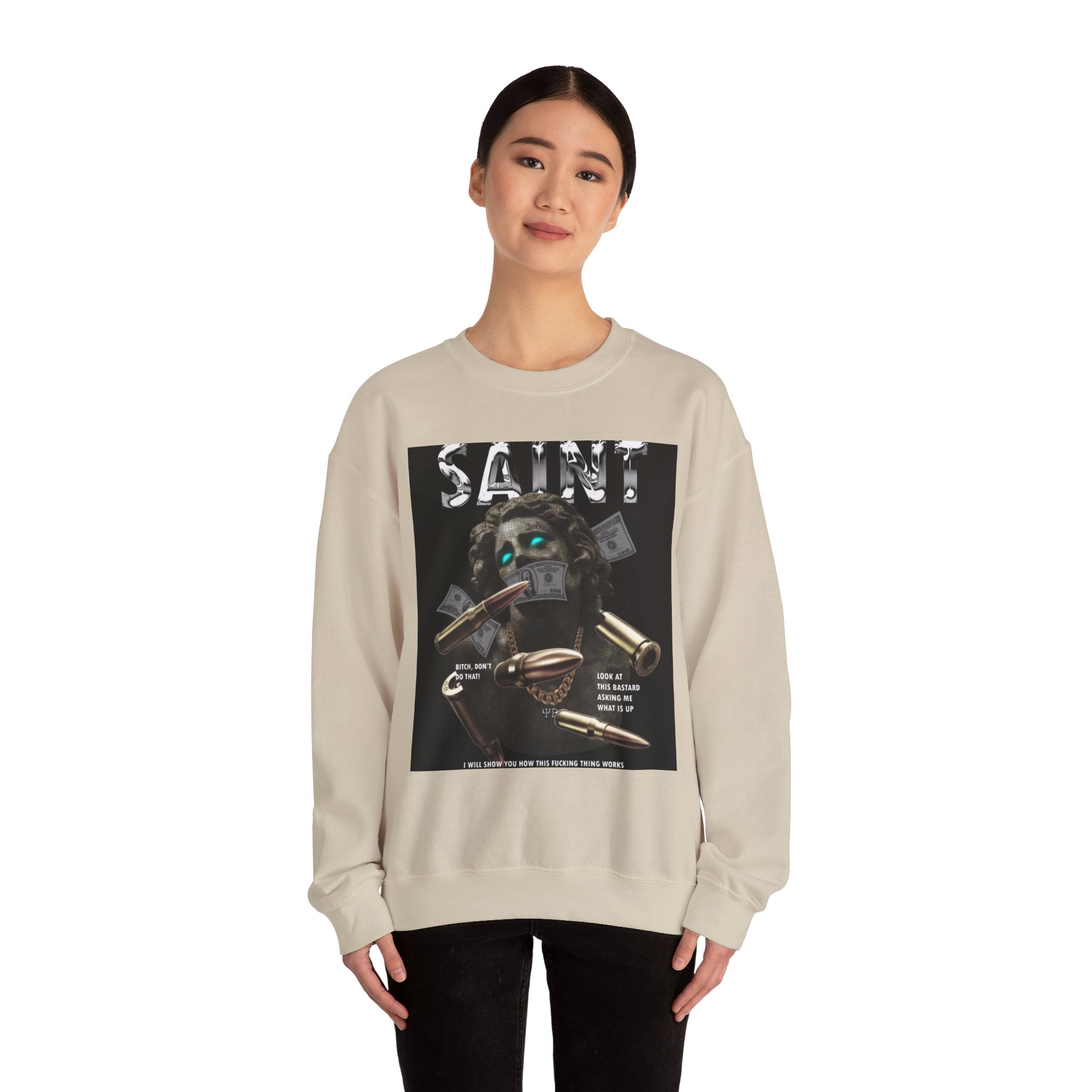 Saint Graphic Crewneck Sweatshirt — Dark Art Money Montage