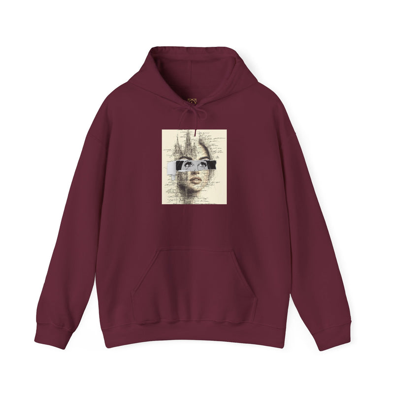 Artistic Face Collage Hoodie — Vintage Script Portrait Sweatshirt