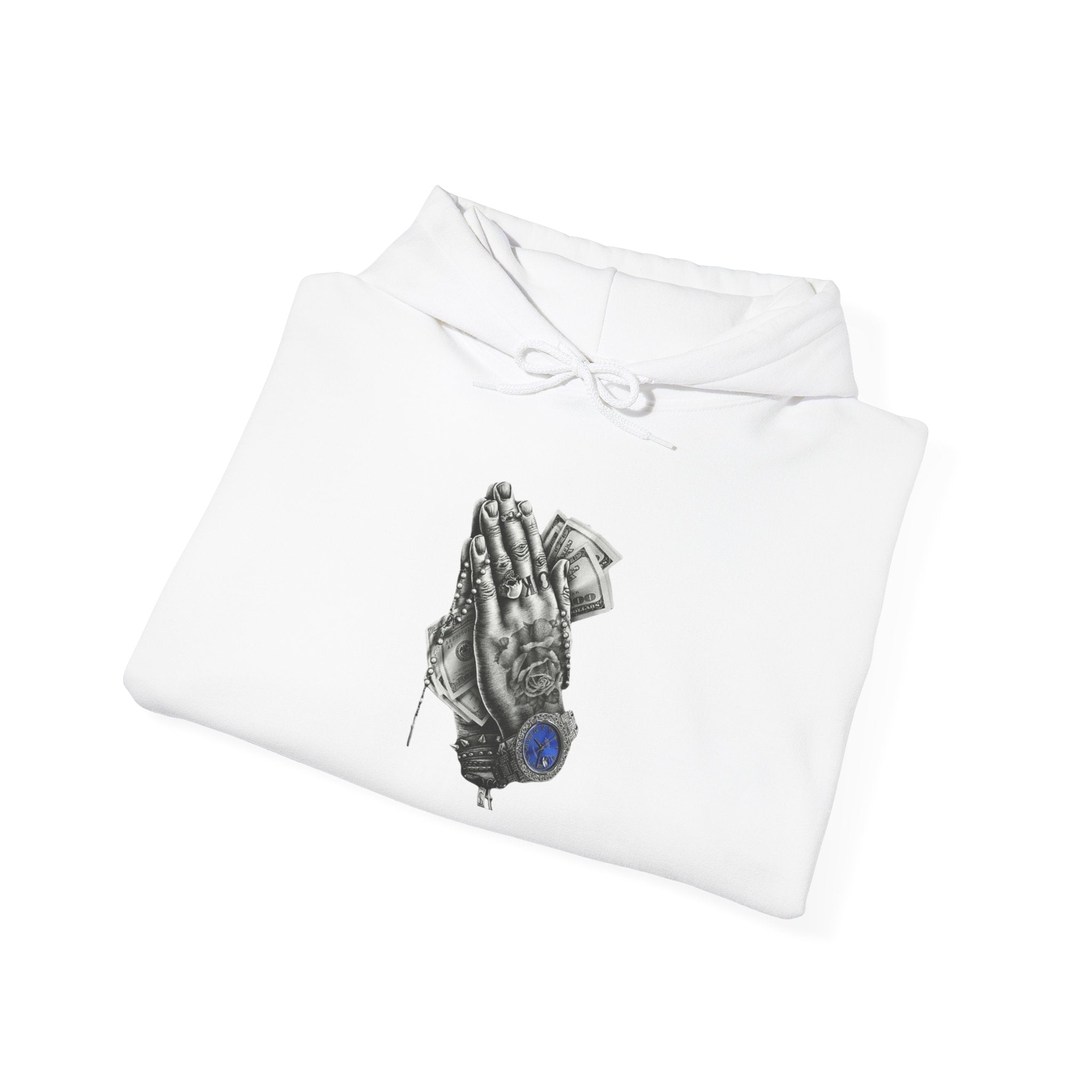 Hoodie — Praying Hands Graphic Hoodie with Blue Rose Accent