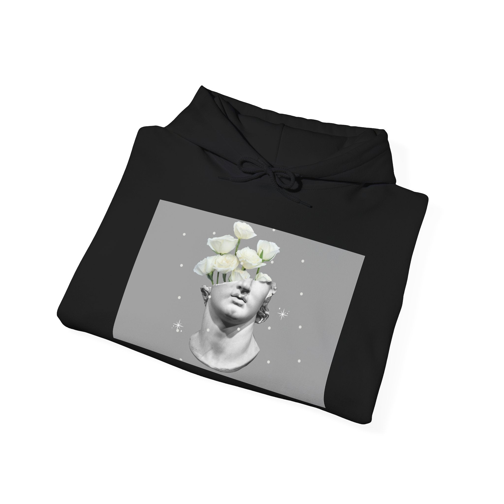 Statue Bloom Hoodie — Classical Bust with White Flowers Graphic Hoodie