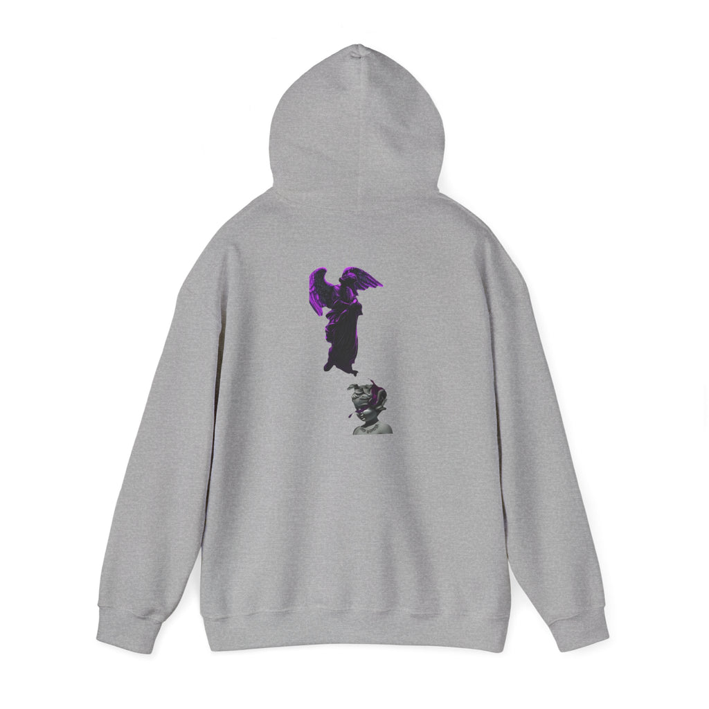 Angel Statue Hoodie — Gothic Purple Accent Sculptural Graphic Hoodie