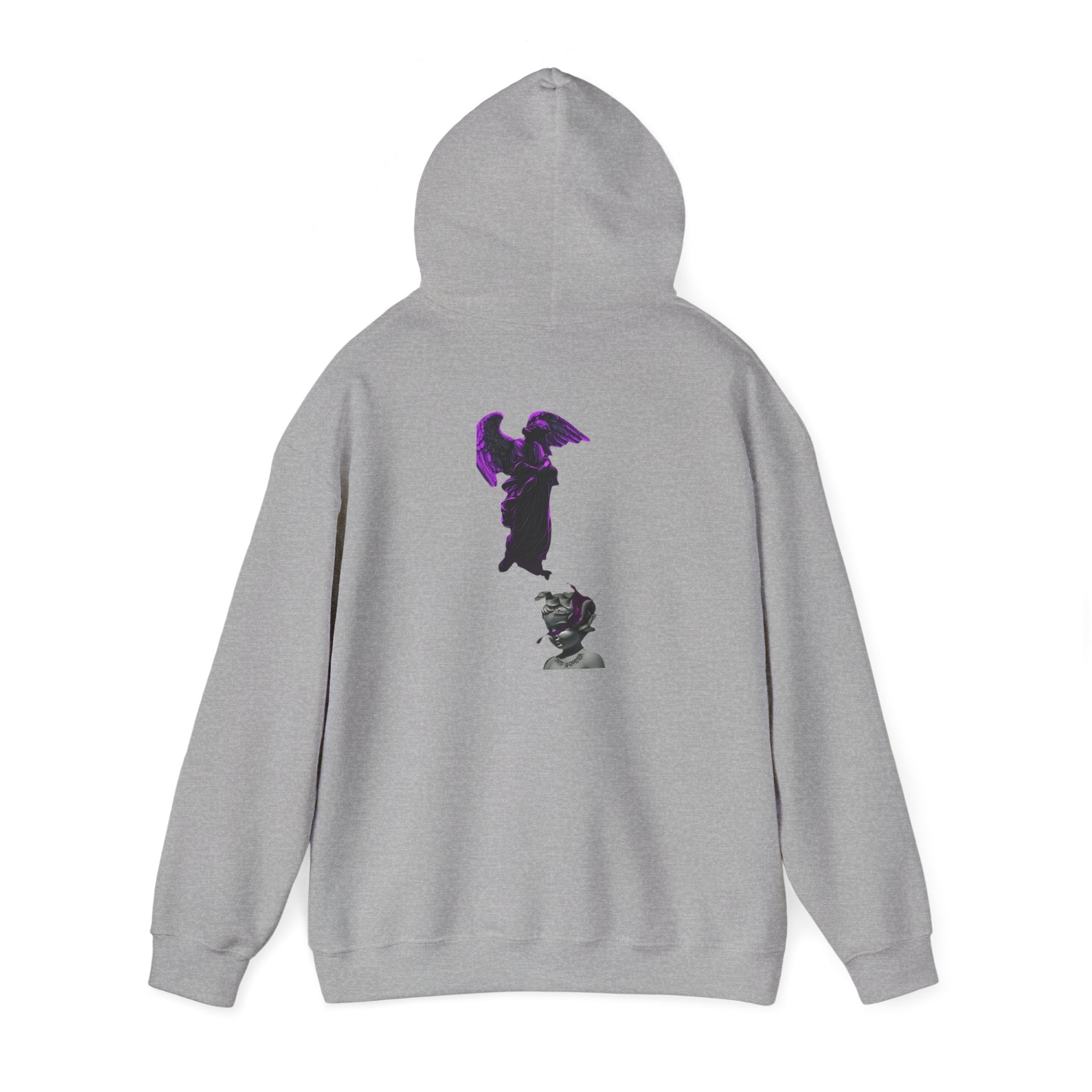 Angel Statue Hoodie — Gothic Purple Accent Sculptural Graphic Hoodie
