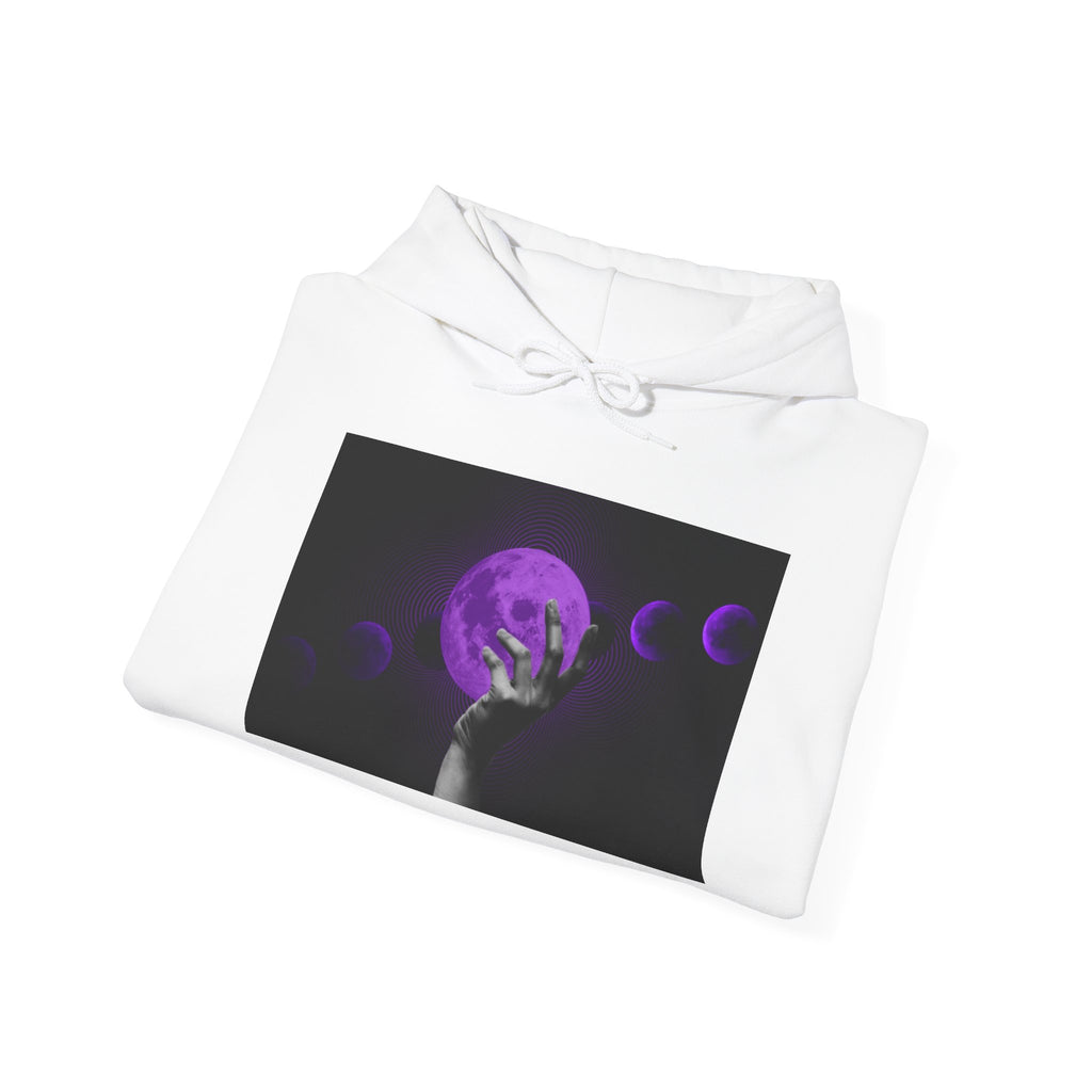 Moon Phases Hoodie — Purple Lunar Hand Graphic Pullover