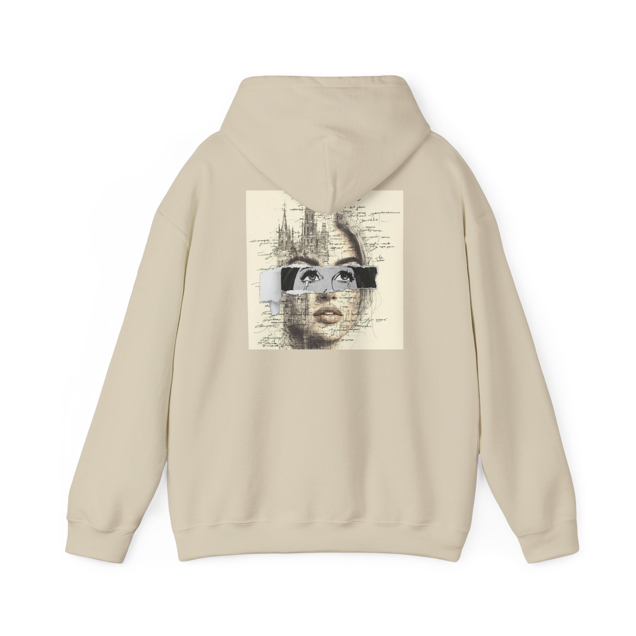 Artistic Face Collage Hoodie — Vintage Script Portrait Sweatshirt