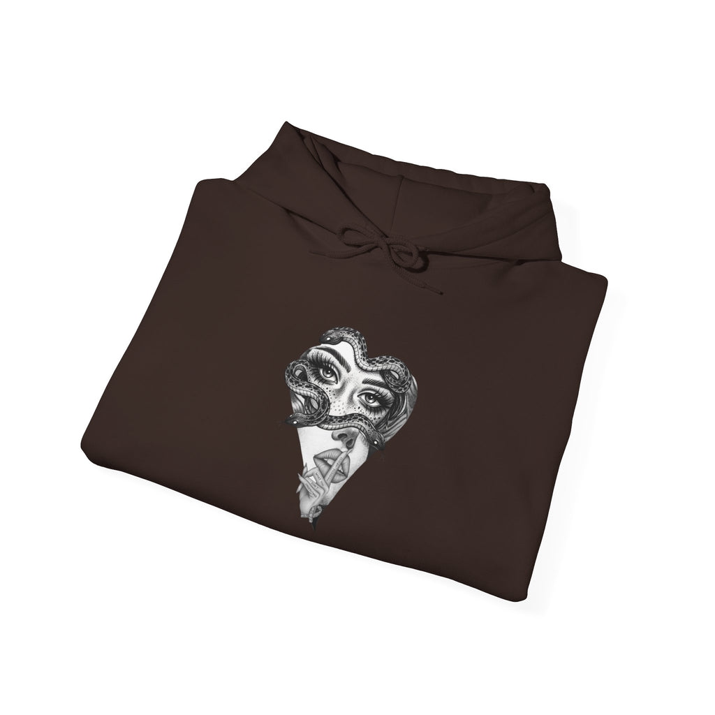 Abstract Heart Mask Hoodie — Surreal Black & White Graphic Pullover