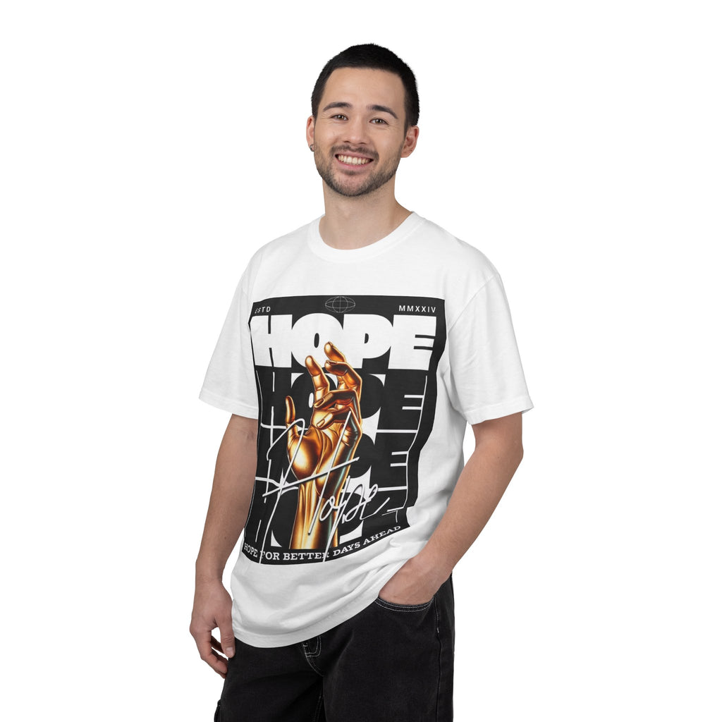 Hope Vibe Graphic T-Shirt — 'Hope for Better Days Ahead' Chest Print with Gold Hand & Back 'Legaciess' Logo