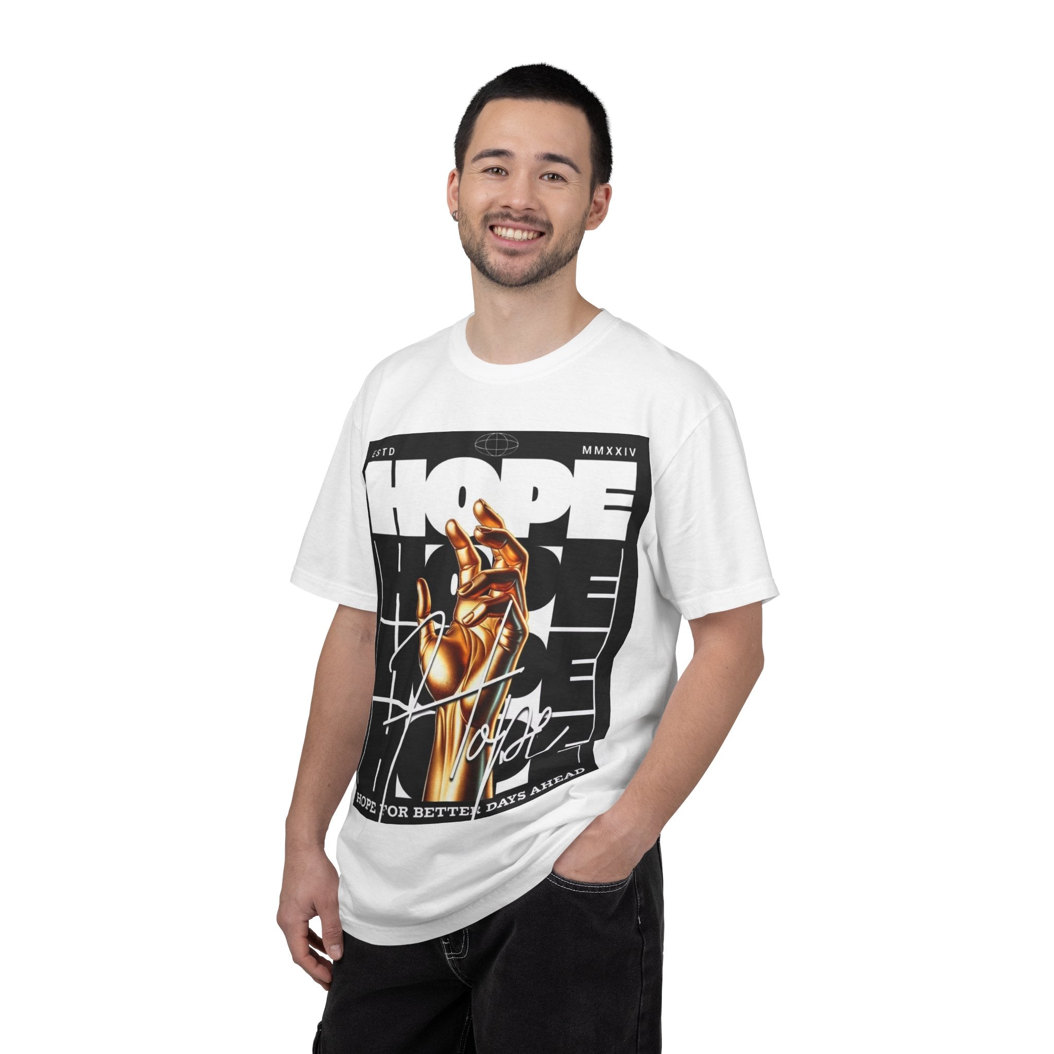 Hope Vibe Graphic T-Shirt — 'Hope for Better Days Ahead' Chest Print with Gold Hand & Back 'Legaciess' Logo