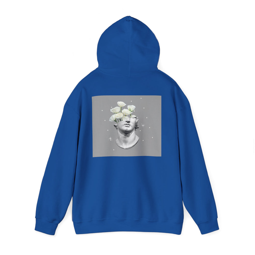 Statue Bloom Hoodie — Classical Bust with White Flowers Graphic Hoodie