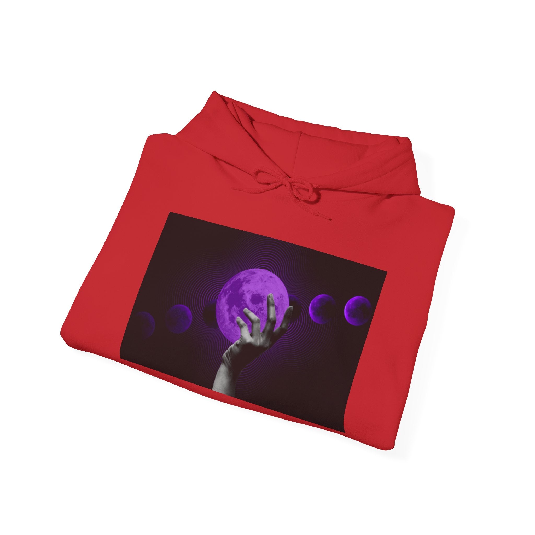 Moon Phases Hoodie — Purple Lunar Hand Graphic Pullover