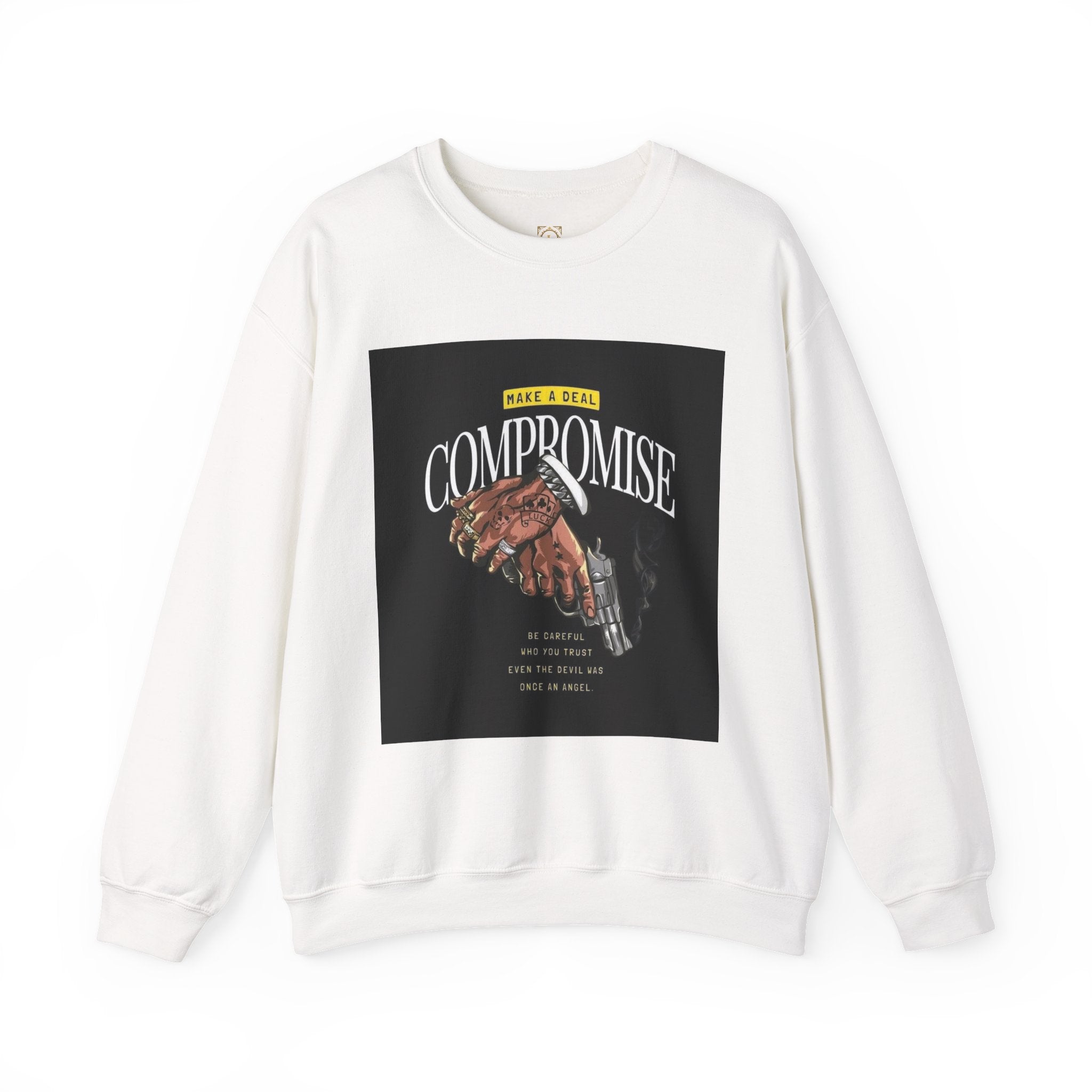 Compromise Graphic Sweatshirt — Vintage Handshake & Revolver Design