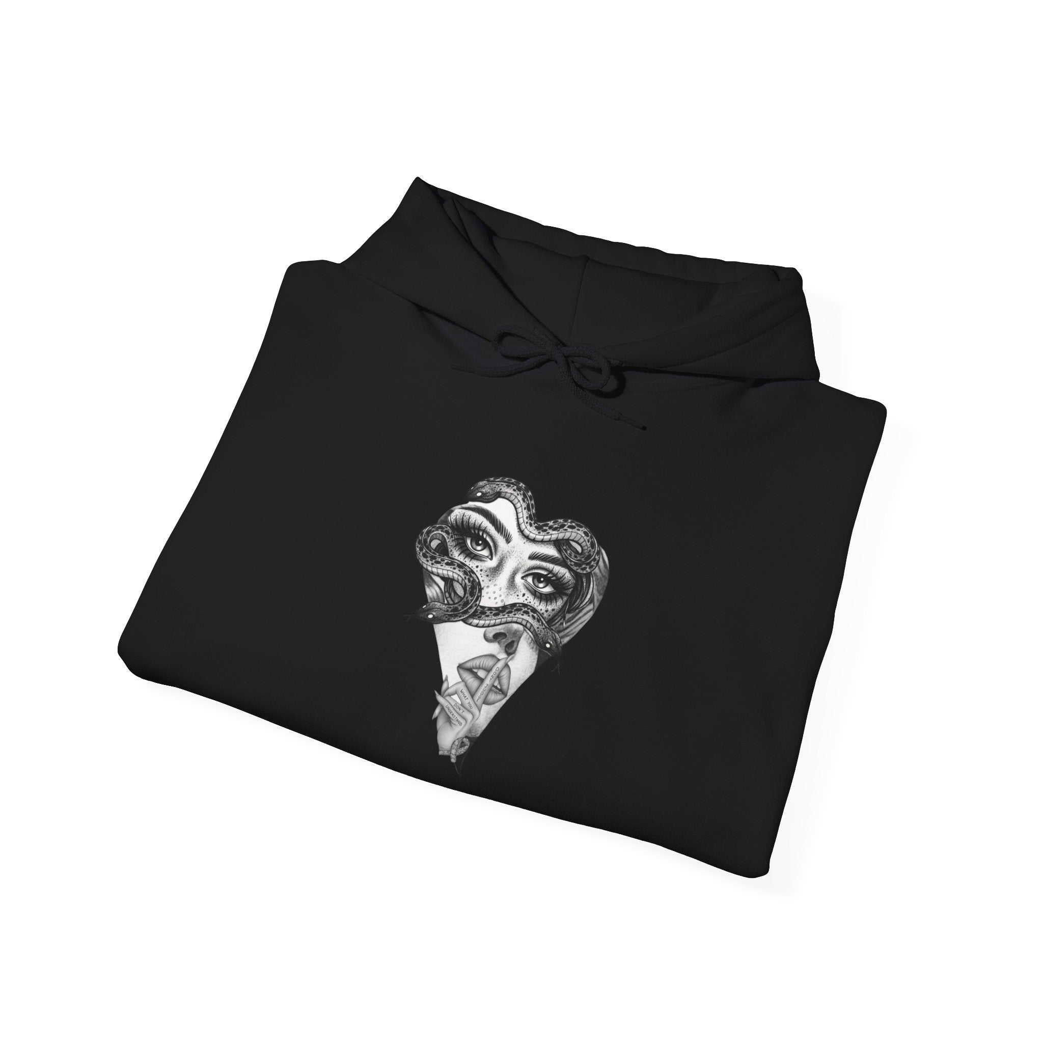 Abstract Heart Mask Hoodie — Surreal Black & White Graphic Pullover