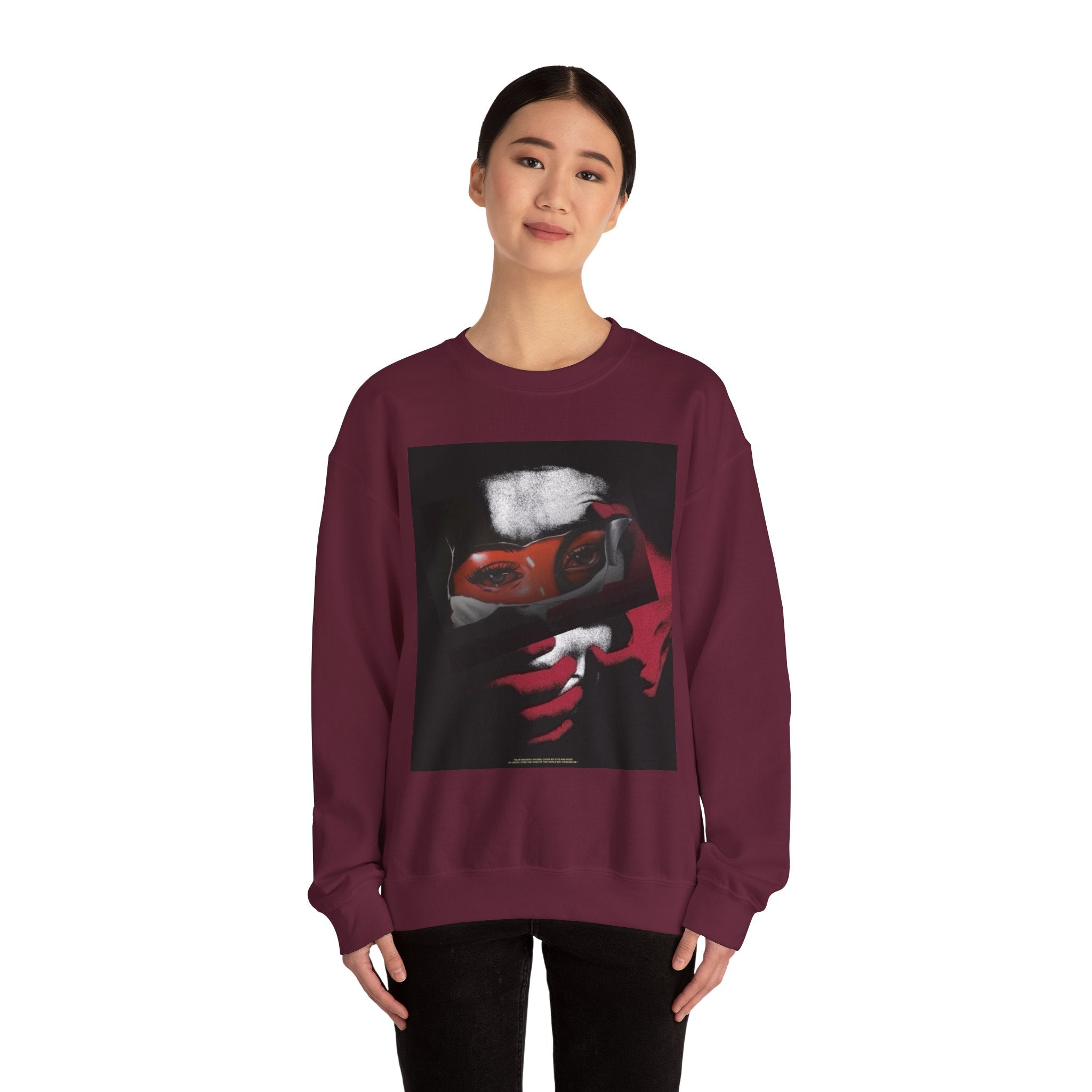 Masked Red Eyes Crewneck Sweatshirt — Graphic Streetwear with 'Legaciess' Back Logo