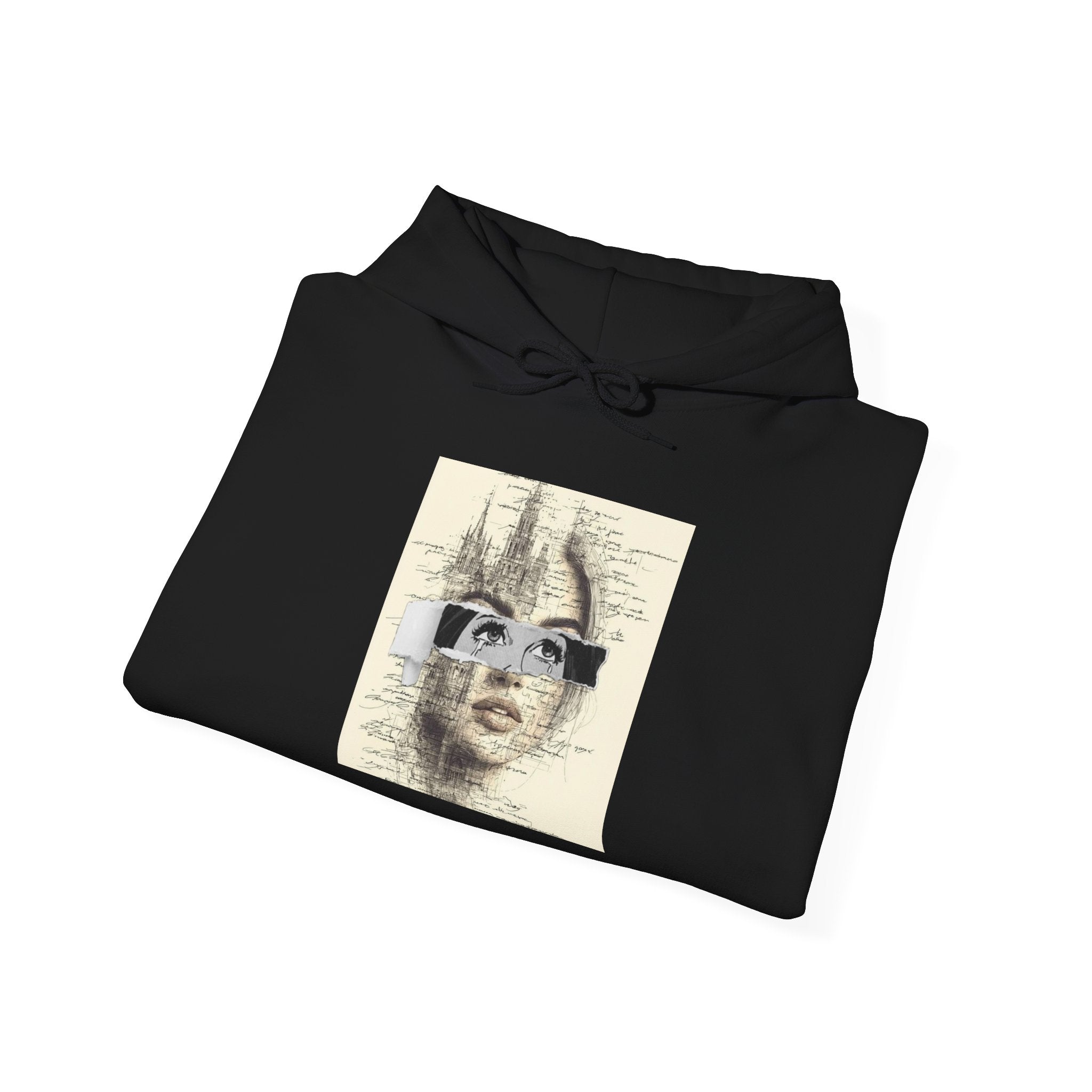 Artistic Face Collage Hoodie — Vintage Script Portrait Sweatshirt