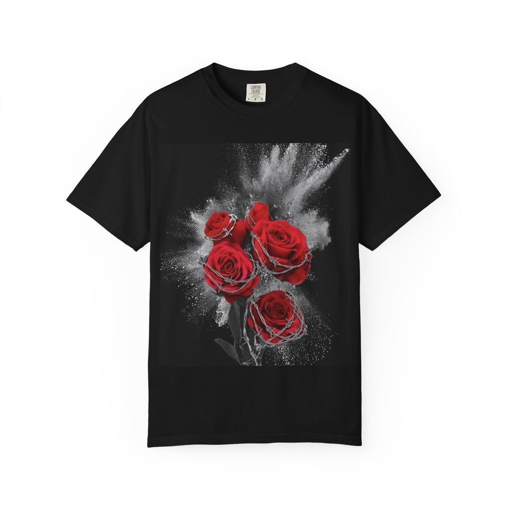 Rose Burst T-Shirt — Red Roses Graphic Tee with 'LEGACIESS' Back Logo