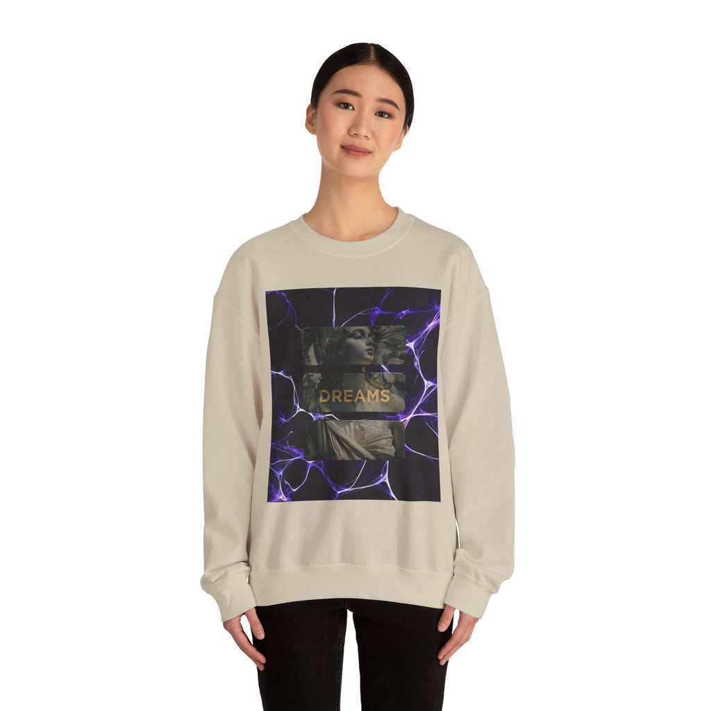 Dreams Statue Crewneck Sweatshirt — Retro Statue Graphic with Purple Lightning