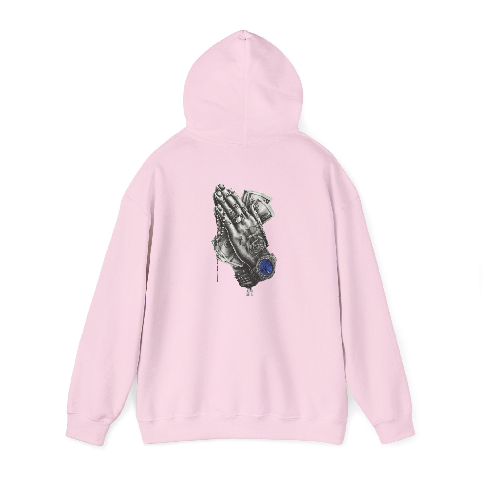 Hoodie — Praying Hands Graphic Hoodie with Blue Rose Accent