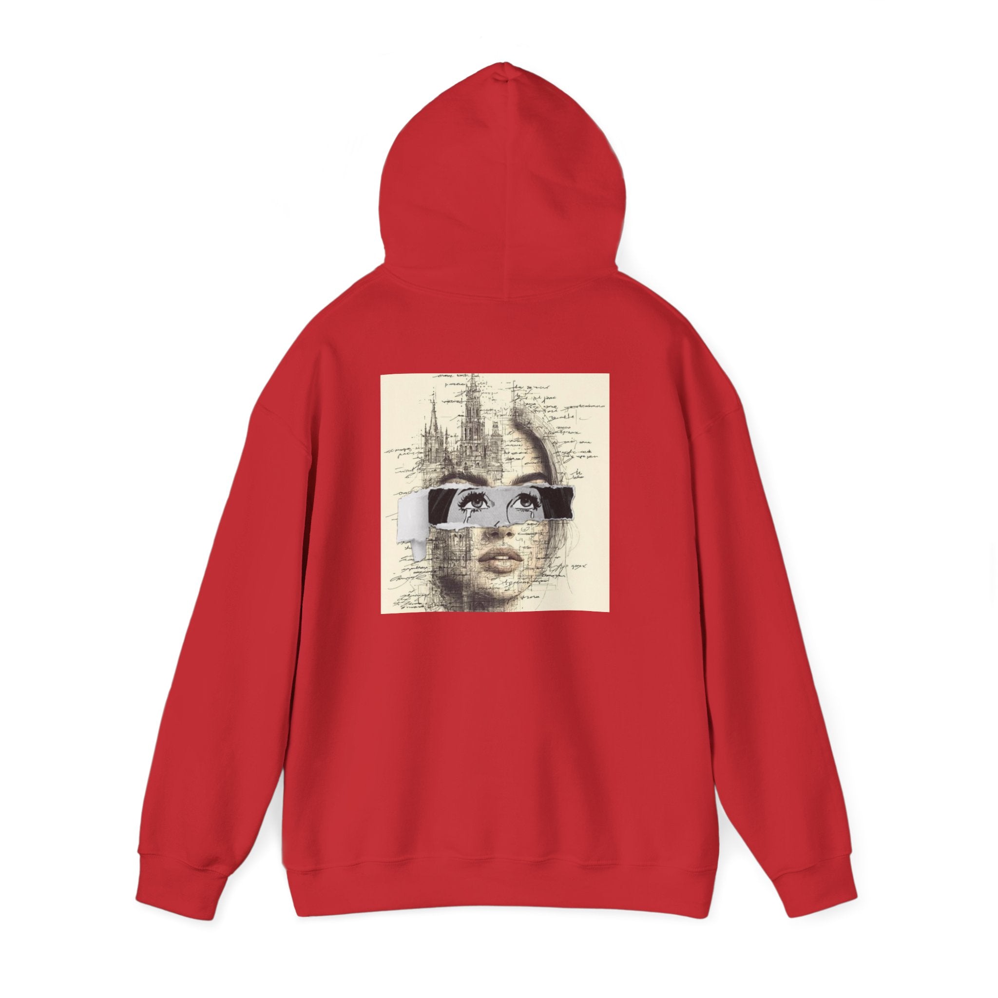 Artistic Face Collage Hoodie — Vintage Script Portrait Sweatshirt