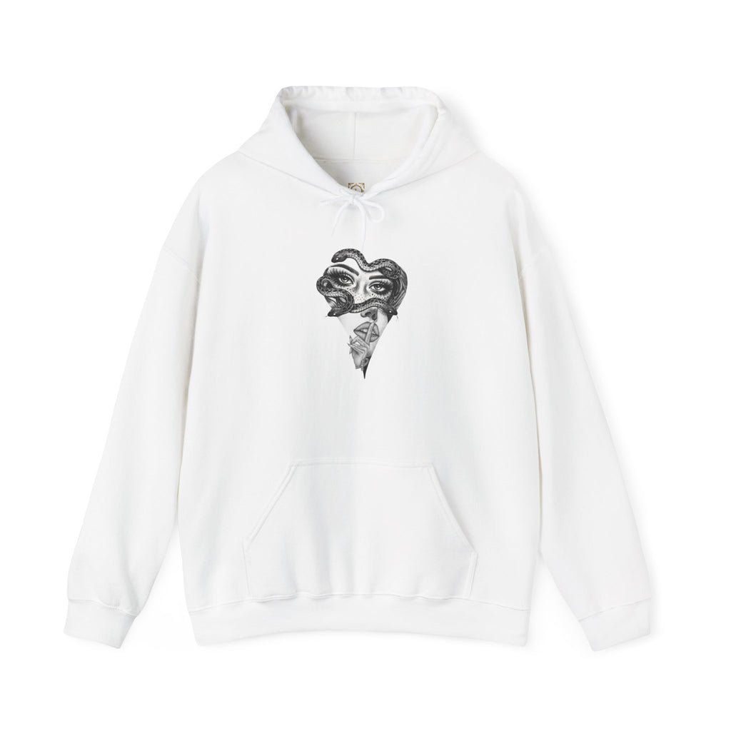 Abstract Heart Mask Hoodie — Surreal Black & White Graphic Pullover