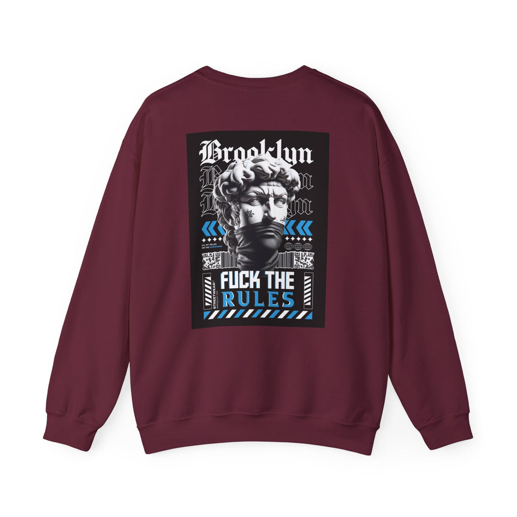 Crewneck Sweatshirt — 'Brooklyn' Statue Graphic with “Fuck the Rules” Streetwear Slogan
