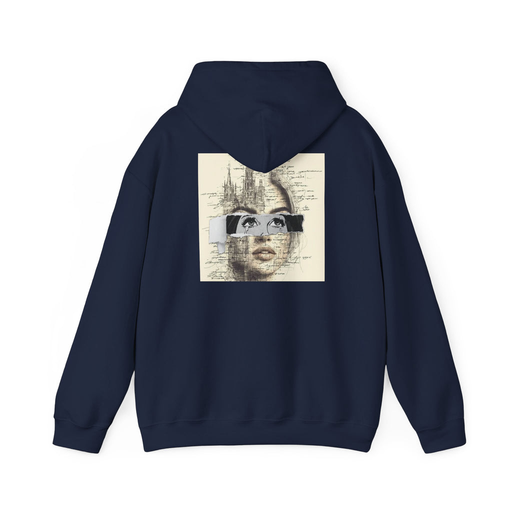 Artistic Face Collage Hoodie — Vintage Script Portrait Sweatshirt