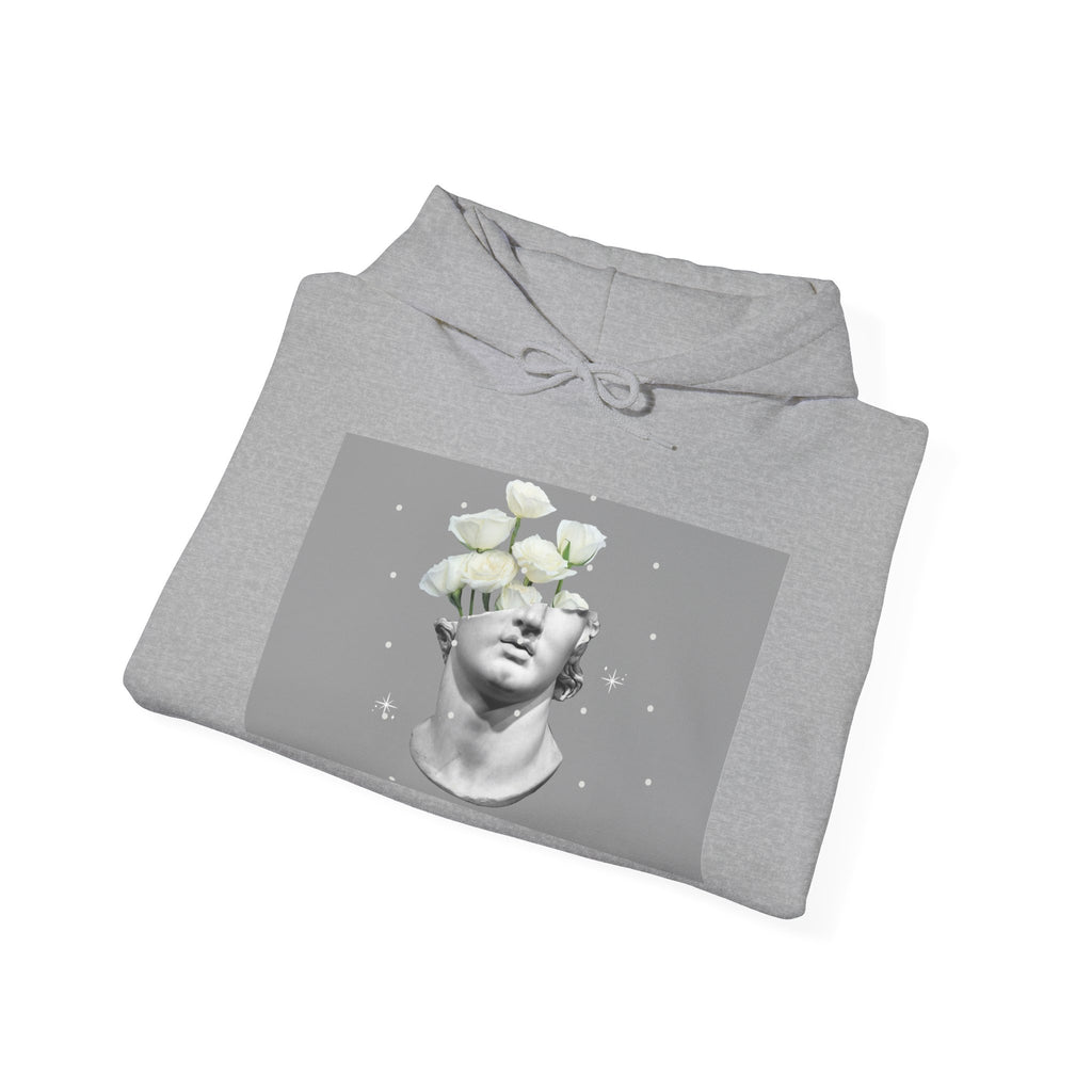 Statue Bloom Hoodie — Classical Bust with White Flowers Graphic Hoodie