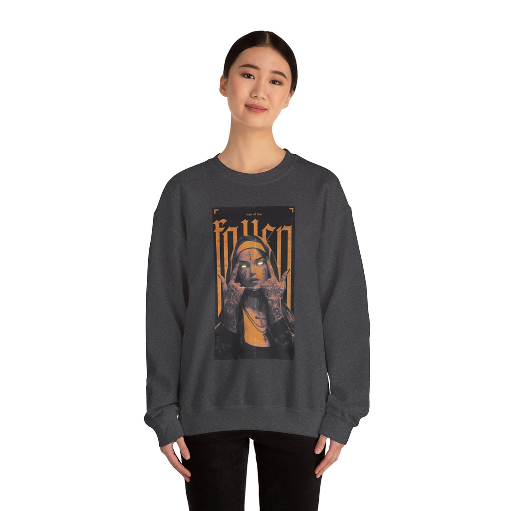 Fallen Gothic Crewneck Sweatshirt — Dark Tattooed Nun Graphic