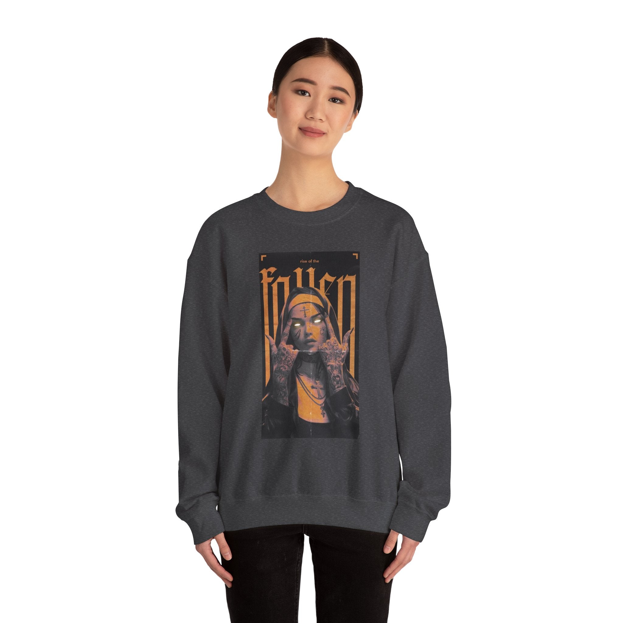 Fallen Gothic Crewneck Sweatshirt — Dark Tattooed Nun Graphic