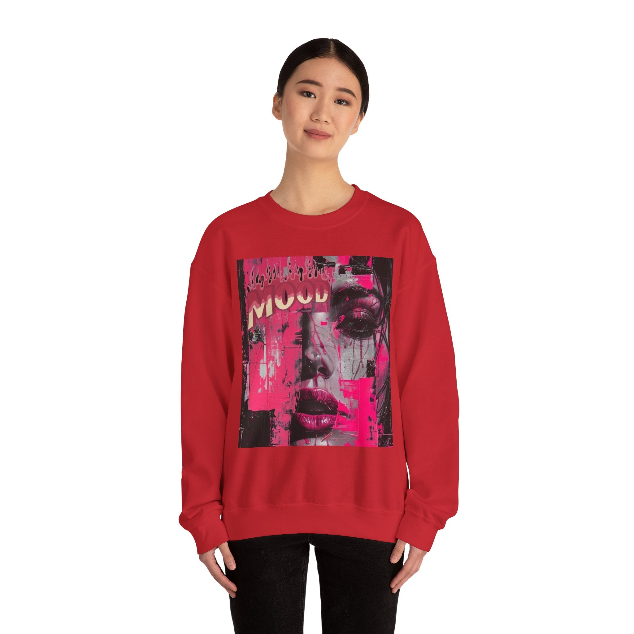 Graphic Crewneck Sweatshirt — Pink Glitch Portrait “MOOD”