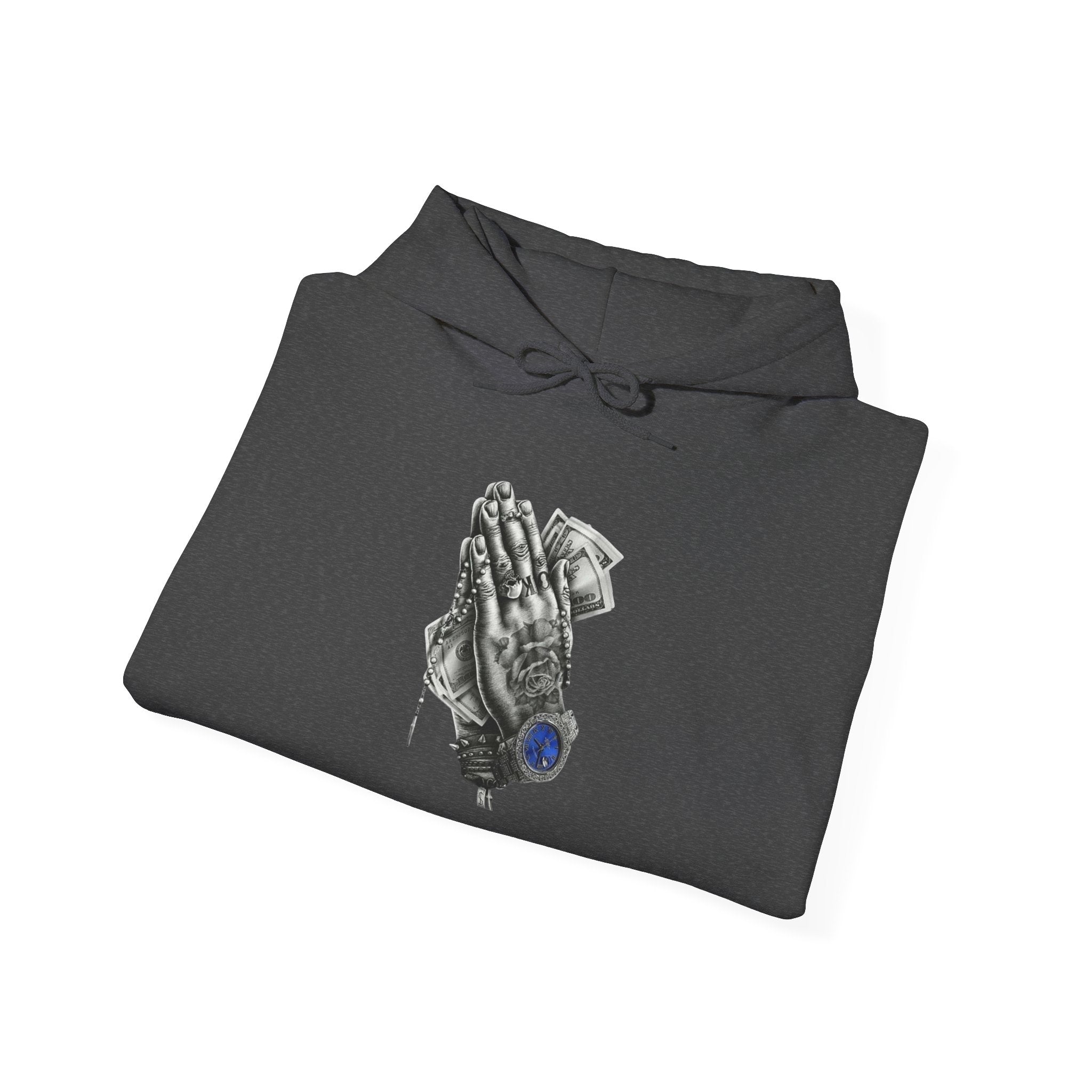 Hoodie — Praying Hands Graphic Hoodie with Blue Rose Accent