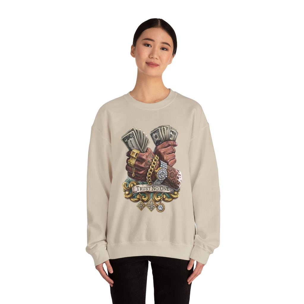 Crewneck Sweatshirt — 'Trust No One' Money Hands Graphic