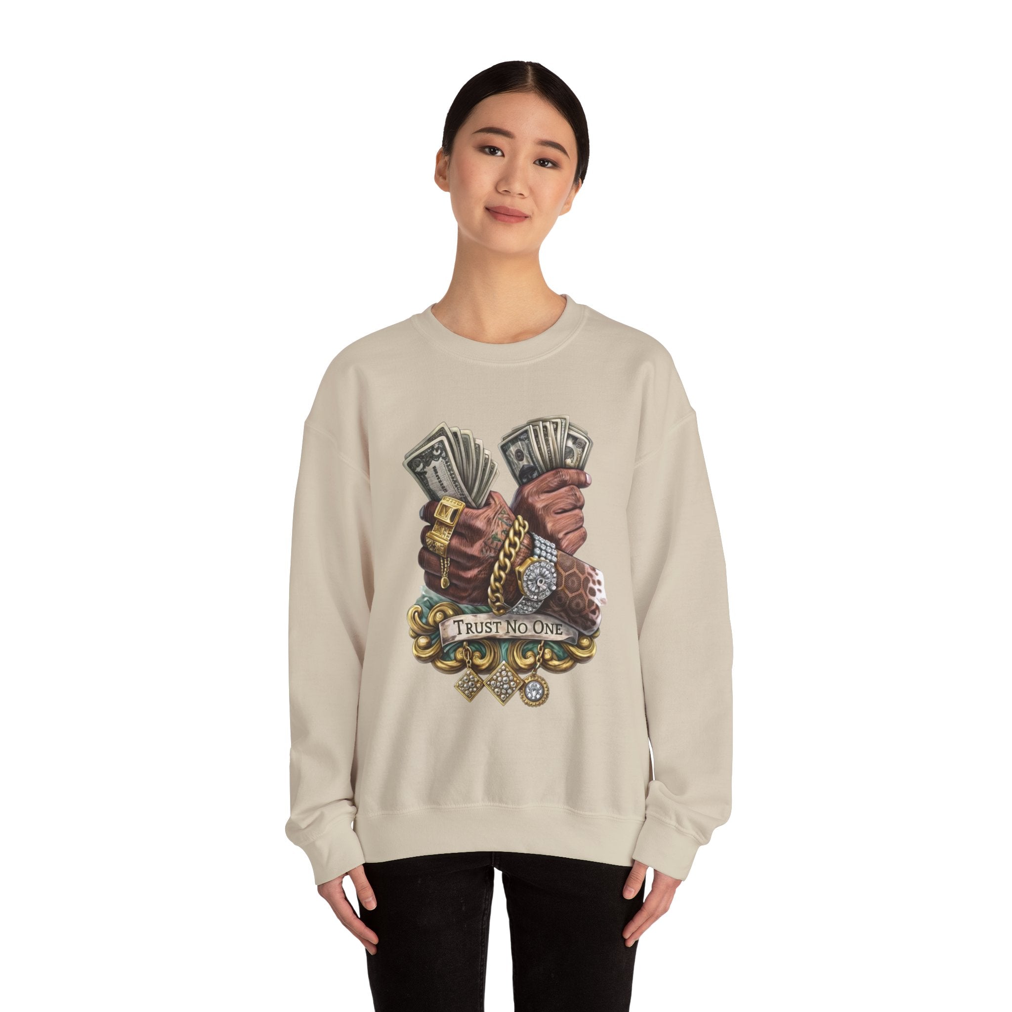 Crewneck Sweatshirt — 'Trust No One' Money Hands Graphic