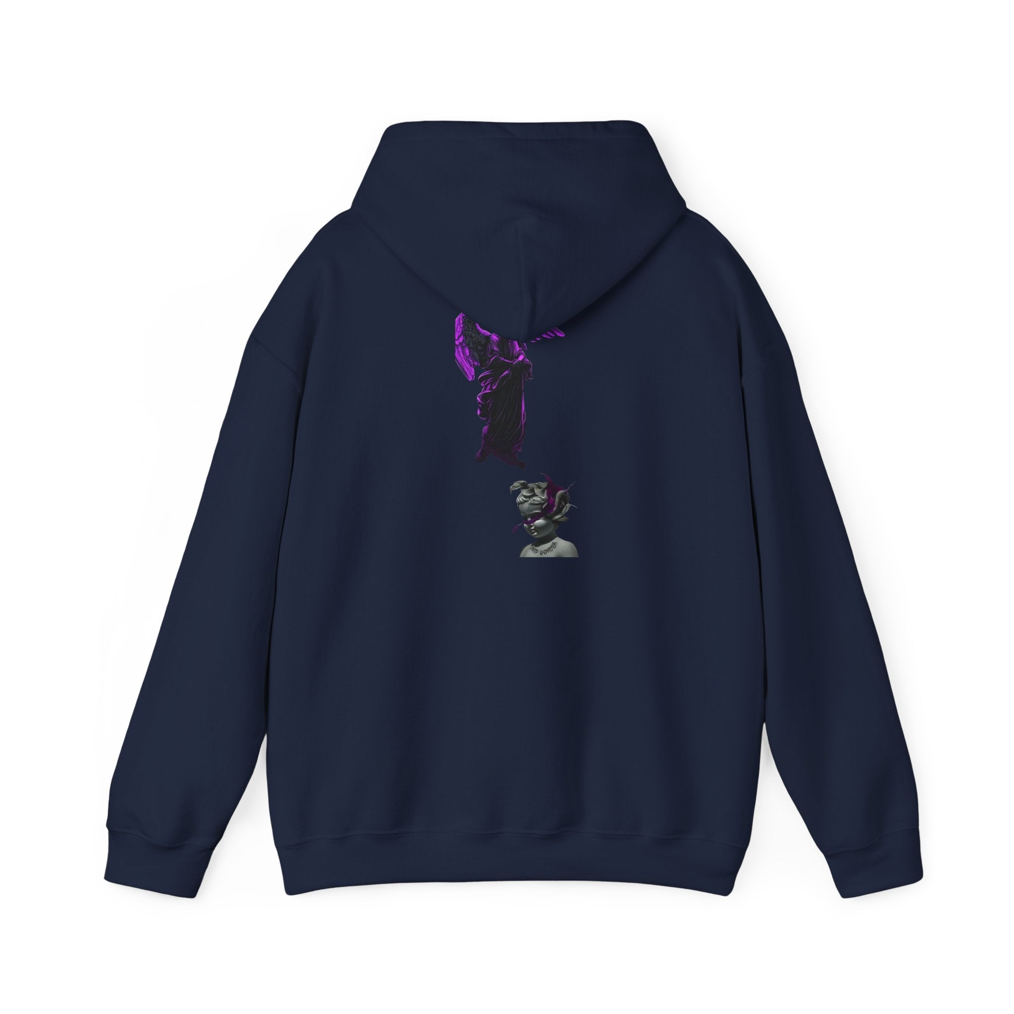 Angel Statue Hoodie — Gothic Purple Accent Sculptural Graphic Hoodie