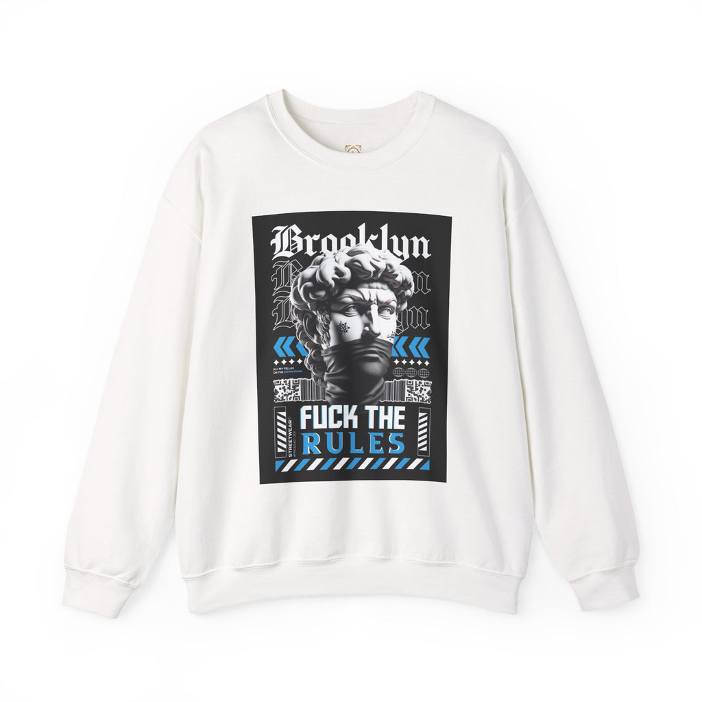 Crewneck Sweatshirt — 'Brooklyn' Statue Graphic with “Fuck the Rules” Streetwear Slogan
