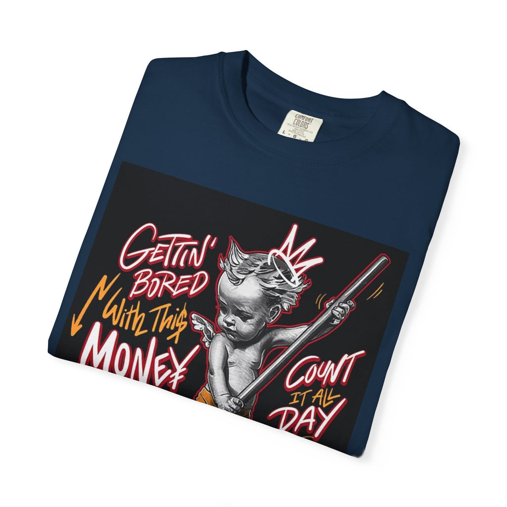 Cat Broomstick Money Tee — "Gettin' Bored With This Money" Graphic T-Shirt