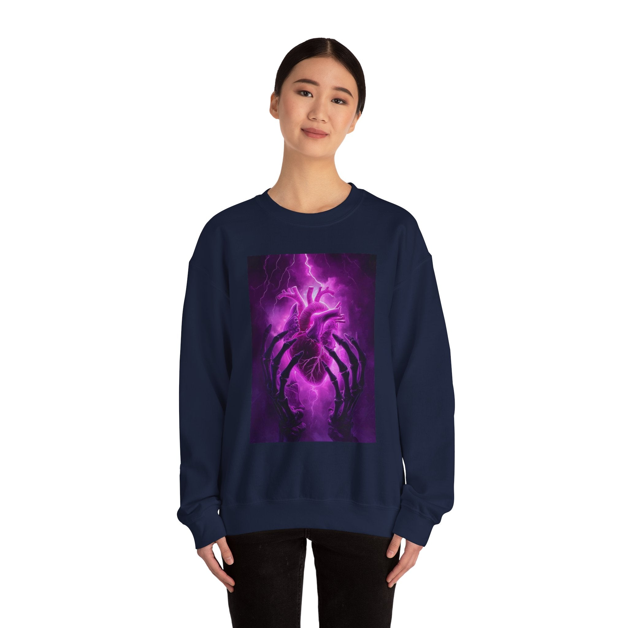 Crewneck Sweatshirt — Purple Lightning Anatomical Heart Graphic